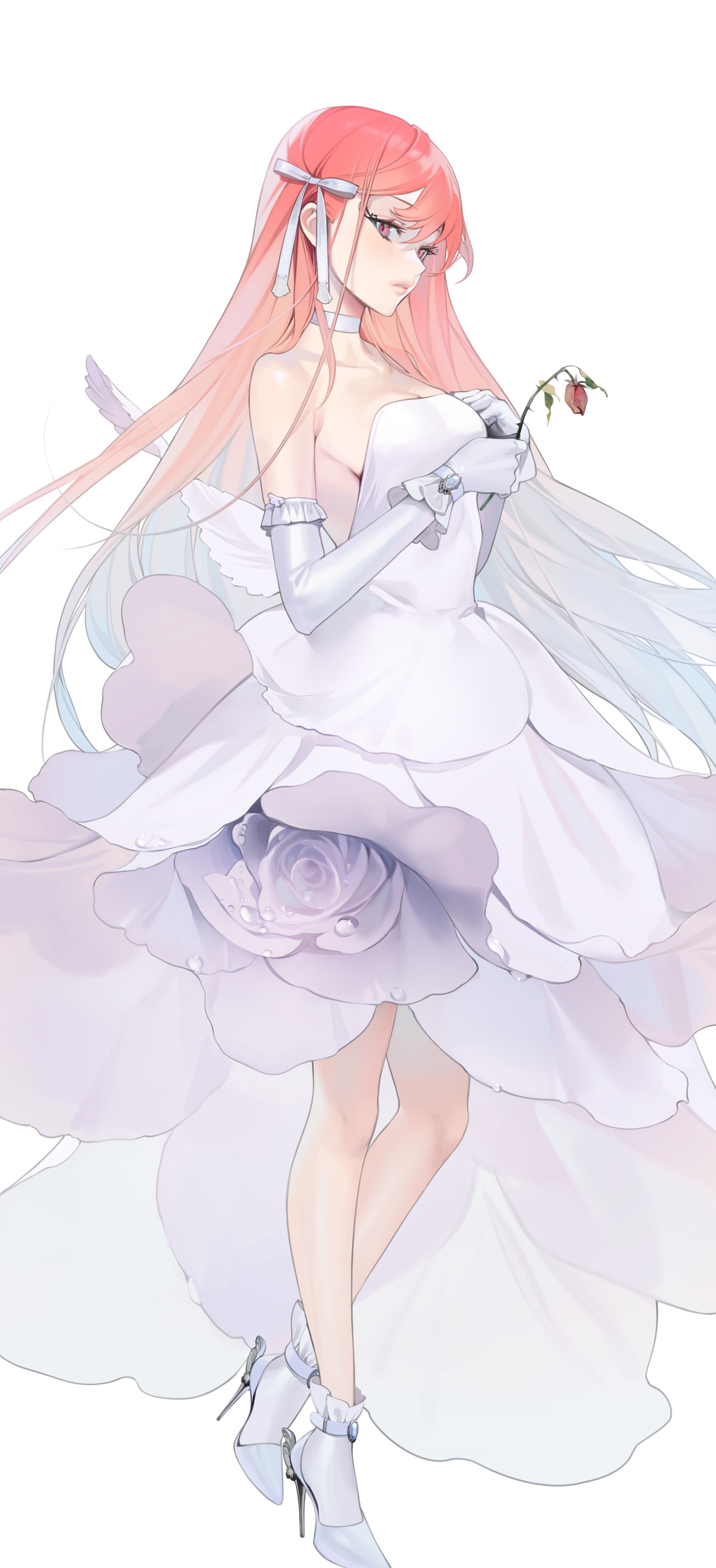Anime girl in white dress holding a wilted rose HD Phone Wallpaper