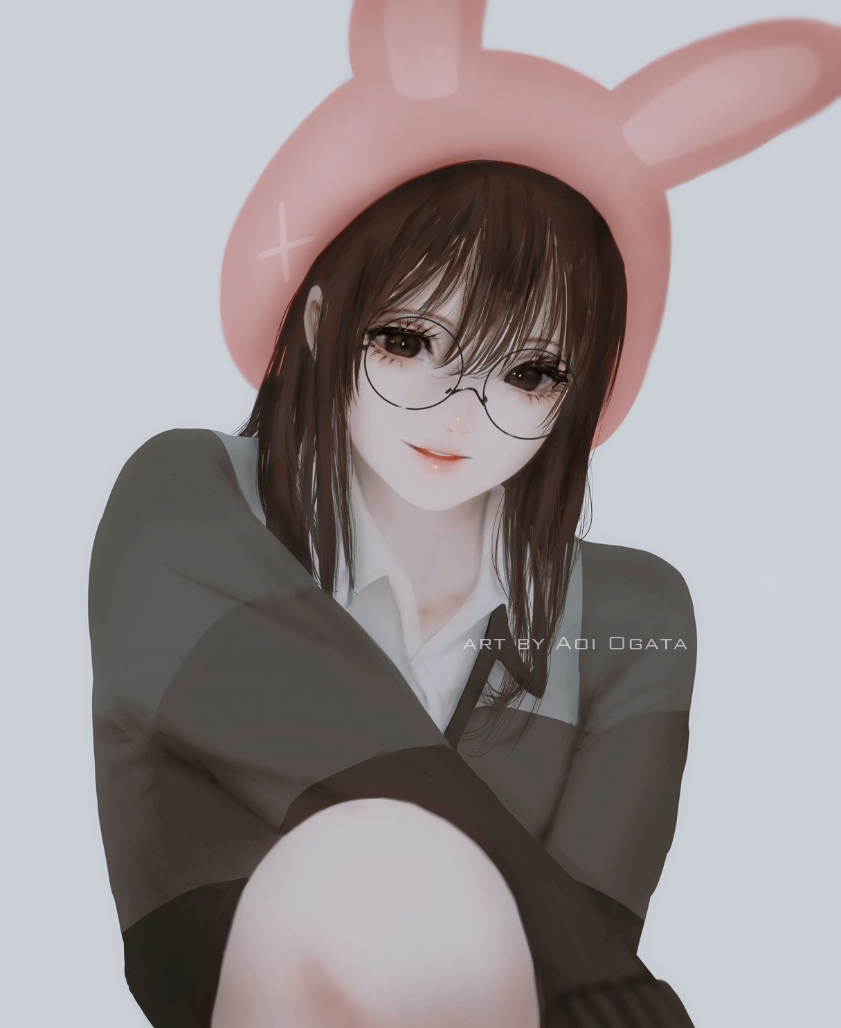 Anime girl with glasses and bunny hat by Aoi Ogata HD Phone Wallpaper