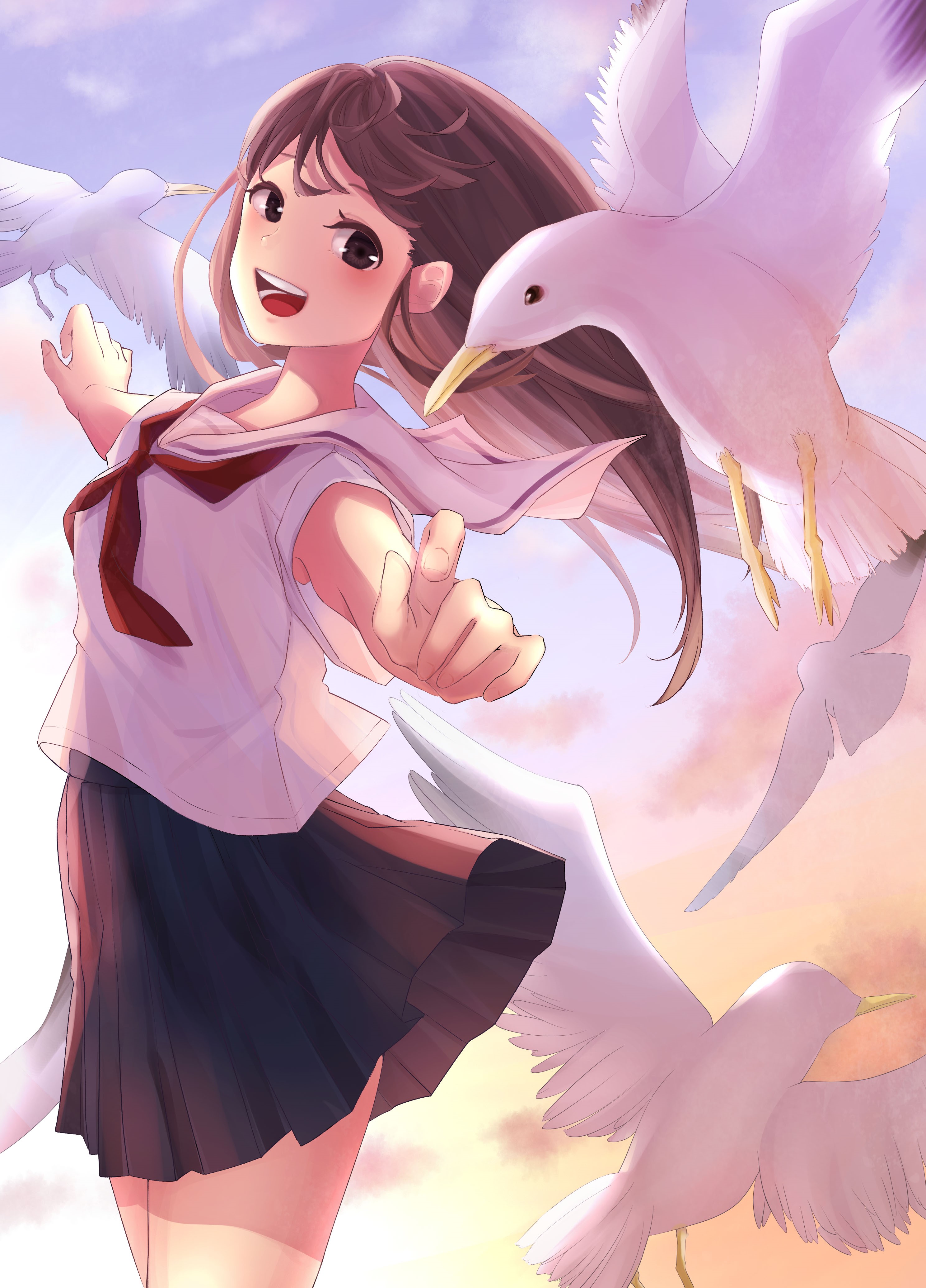 Anime girl in school uniform with seagulls HD Phone Wallpaper
