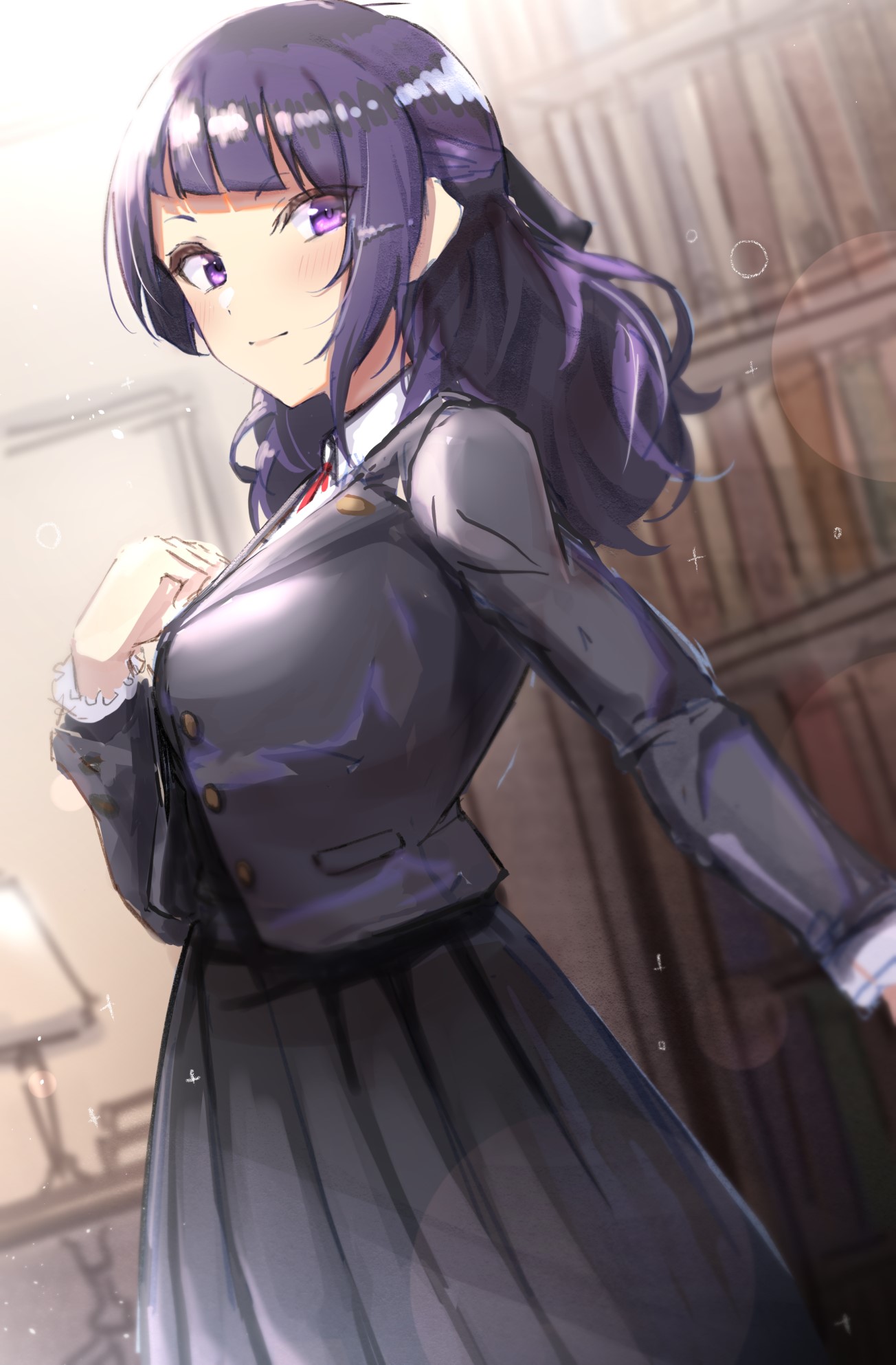 Anime girl in school uniform with purple hair HD Phone Wallpaper