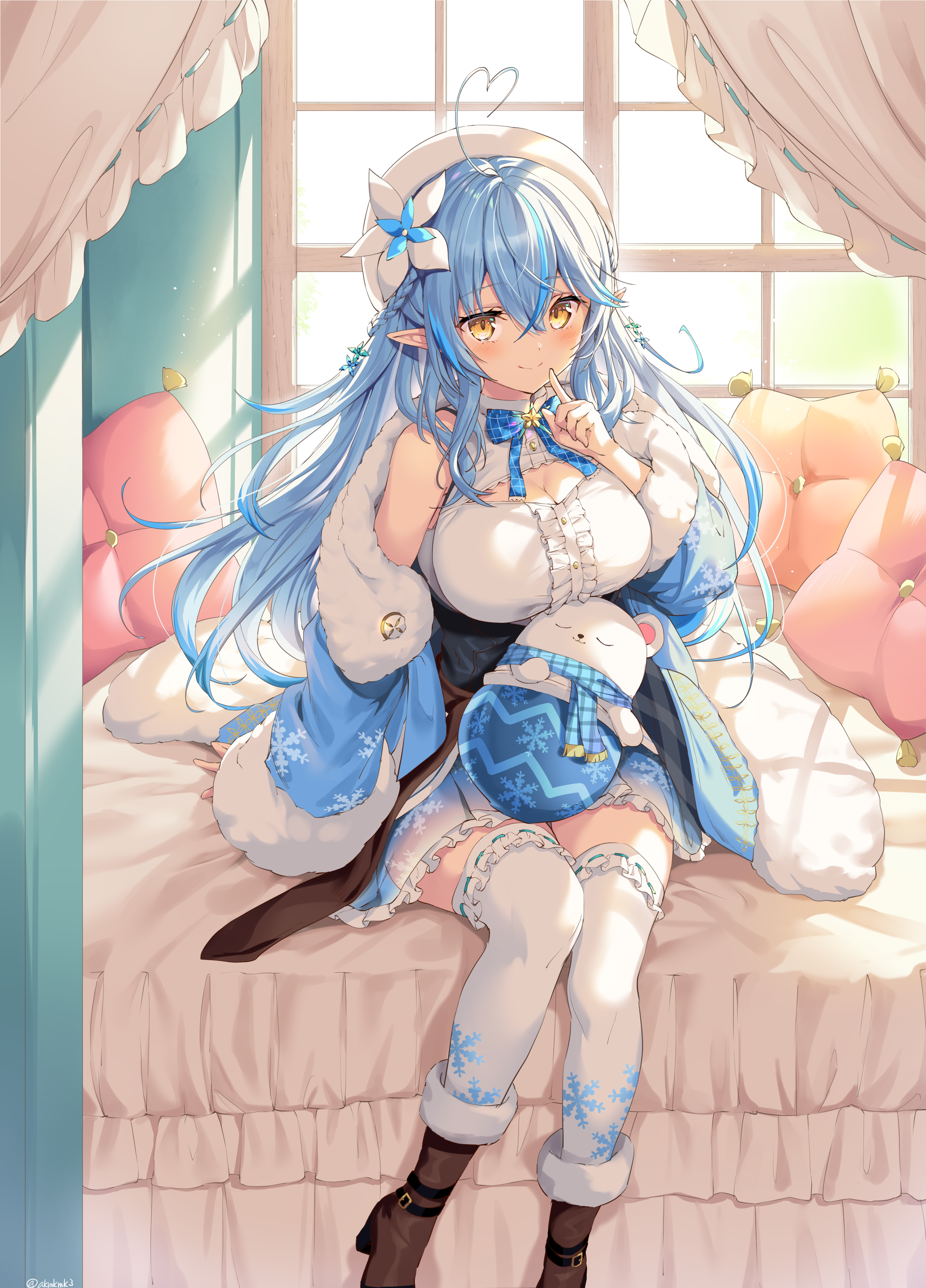 Yukihana Lamy from Hololive sitting on a bed with a plushie HD Phone Wallpaper