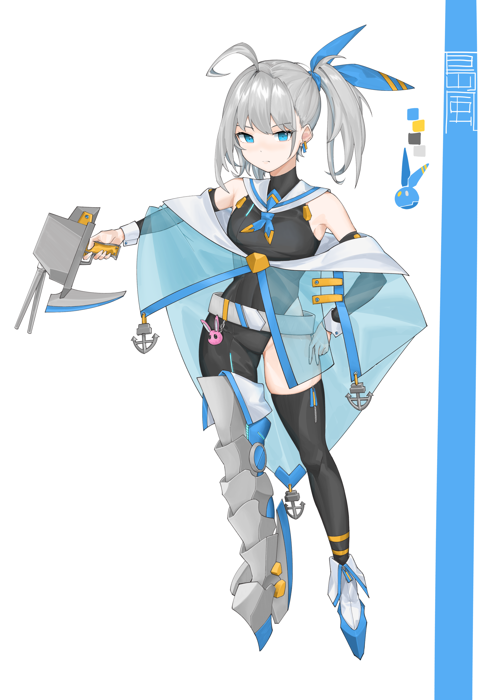 Anime girl with grey hair and blue eyes, holding a weapon HD Phone Wallpaper