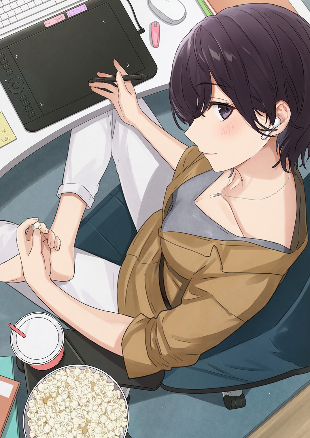 Anime girl with short dark hair working on a tablet HD Phone Wallpaper