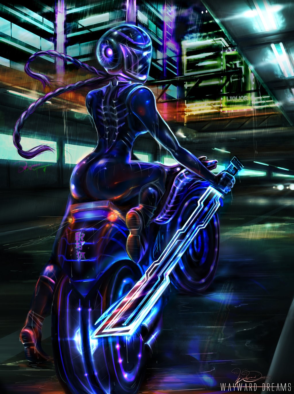 Woman in futuristic suit riding a glowing motorcycle with a sword HD Phone Wallpaper