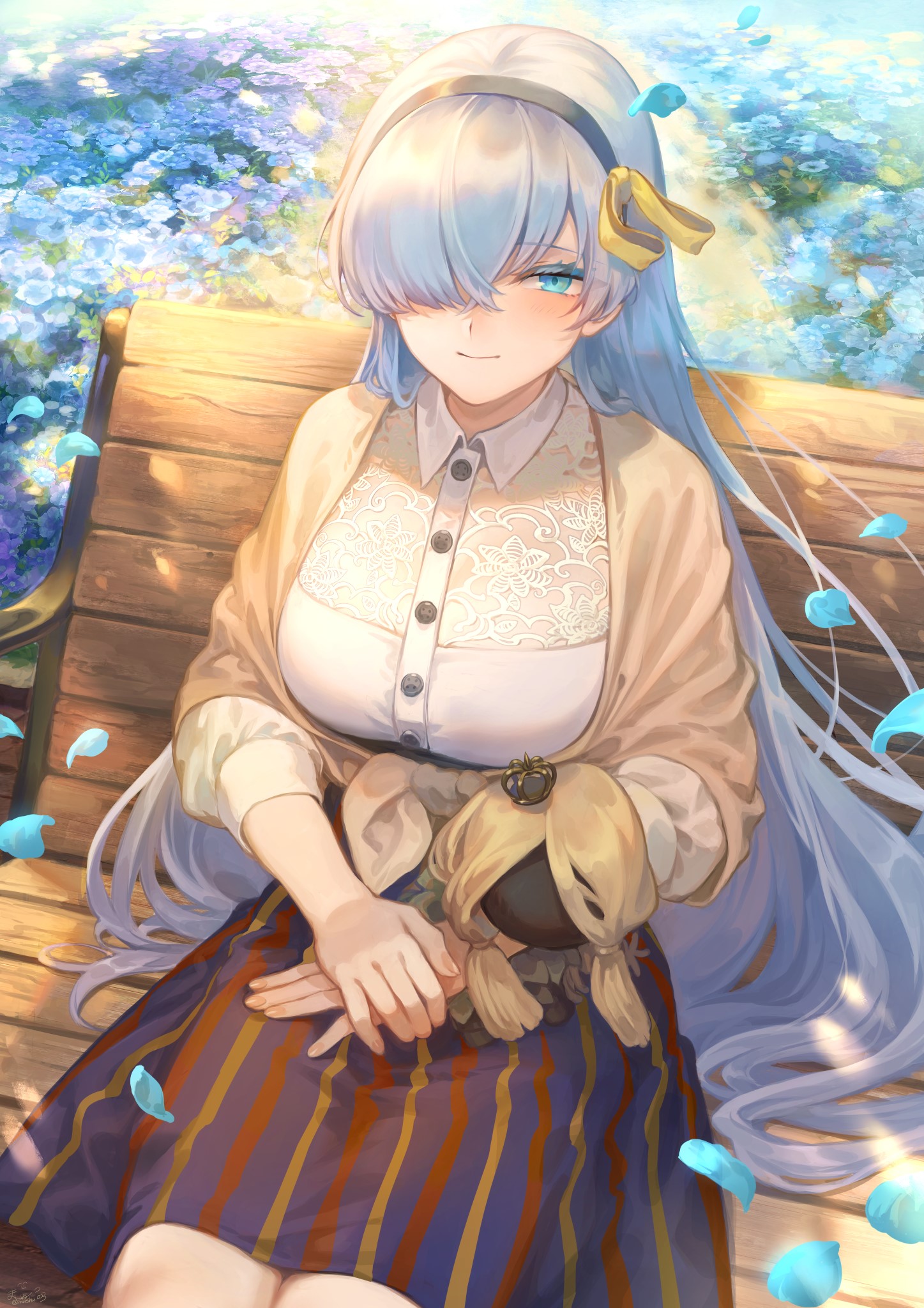 Anastasia from Fate/Grand Order sitting on a bench HD Phone Wallpaper