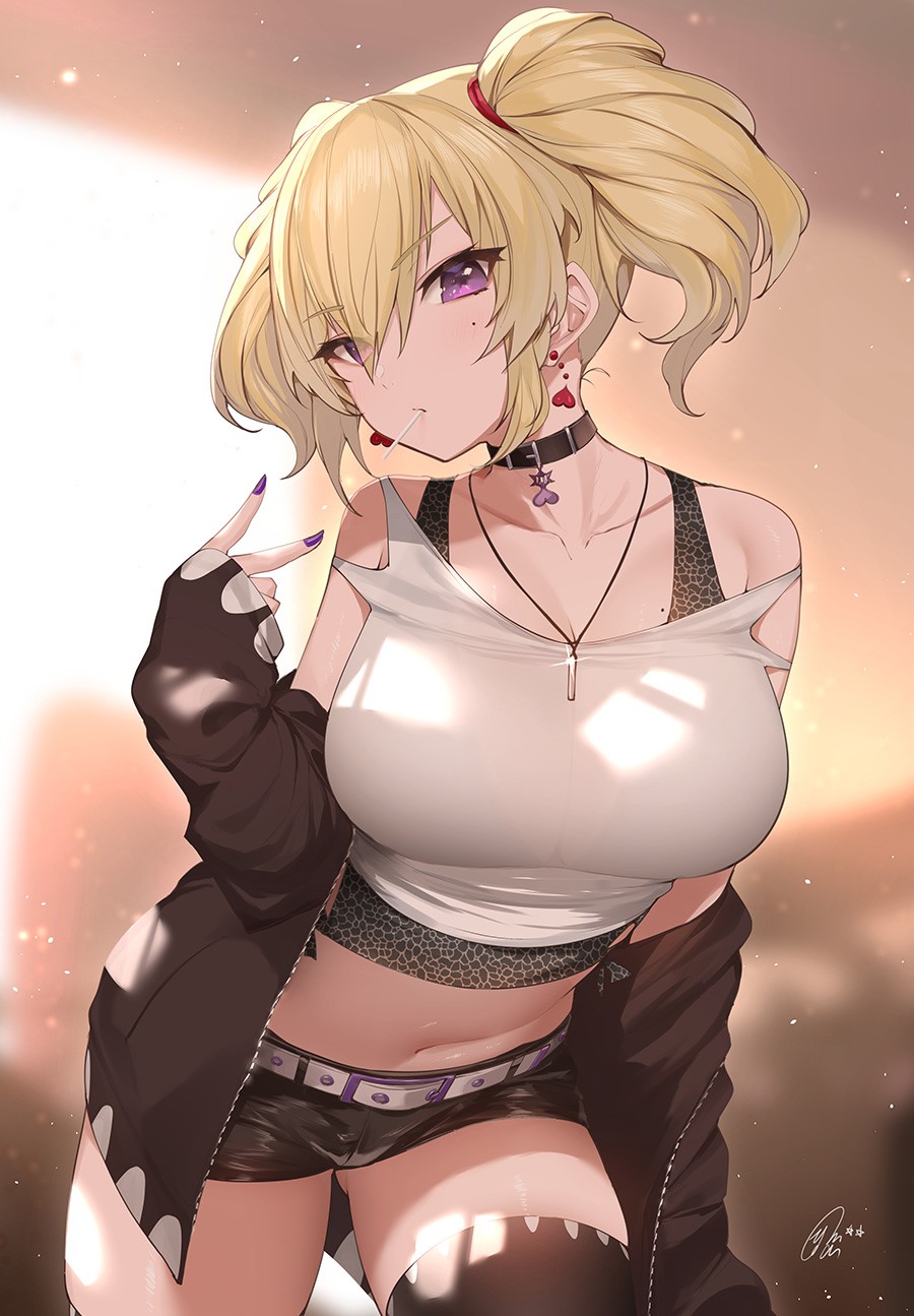 Anime girl with blonde hair and purple eyes HD Phone Wallpaper