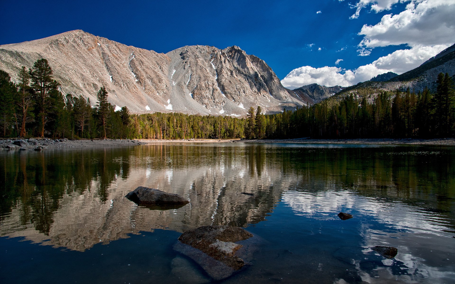 Mountain lake with reflections and trees HD Wallpaper