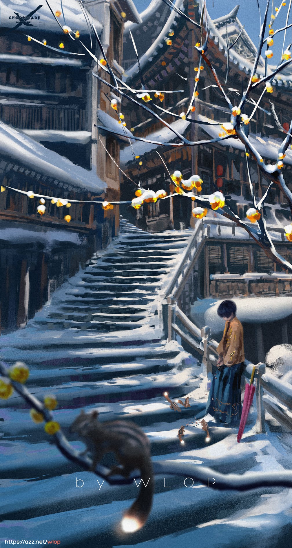 WLOP's Winter Stairs Scene from Ghost Blade HD Phone Wallpaper