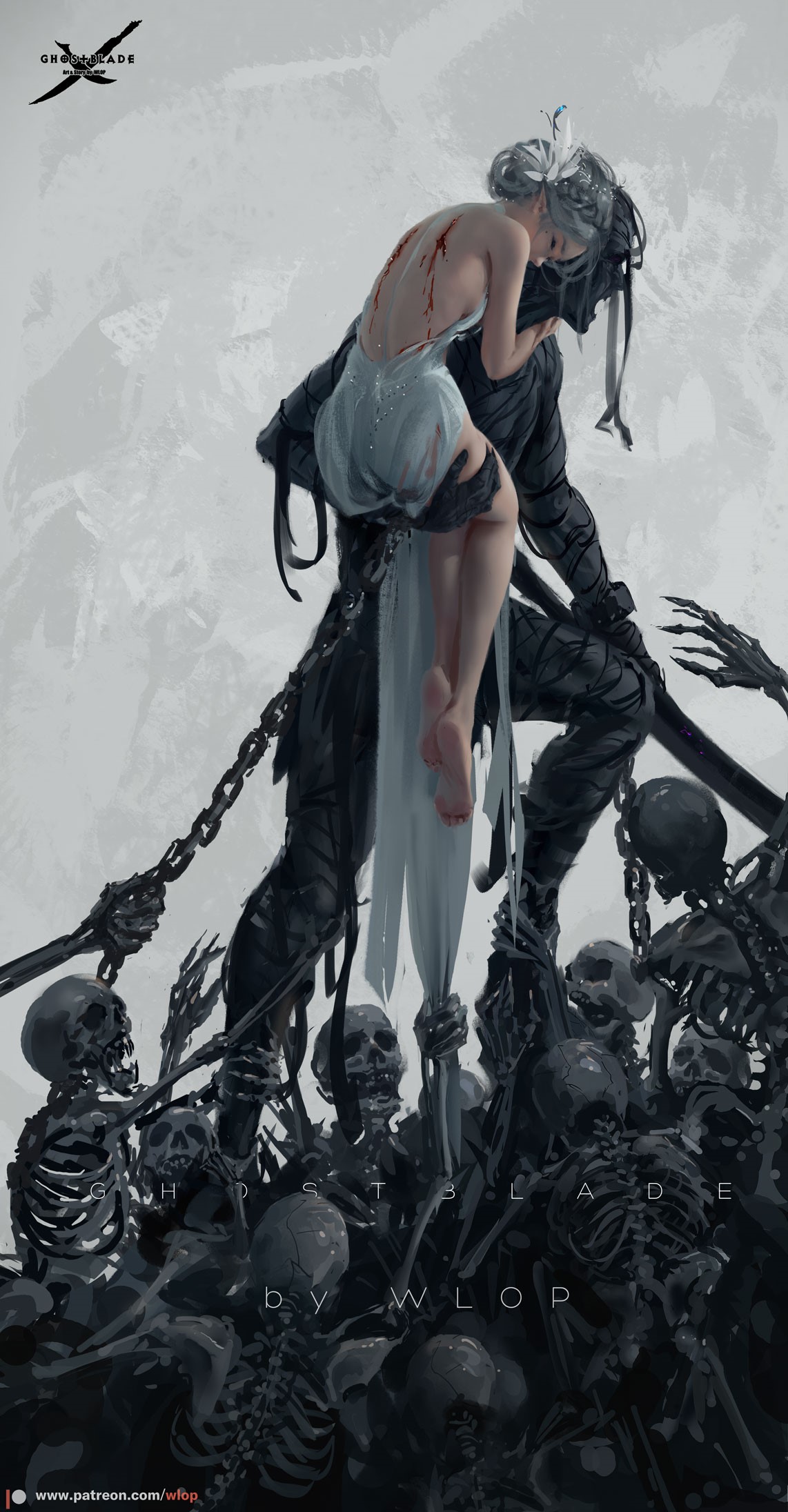 Ghostblade by WLOP: A woman carried by a skeletal figure HD Phone Wallpaper