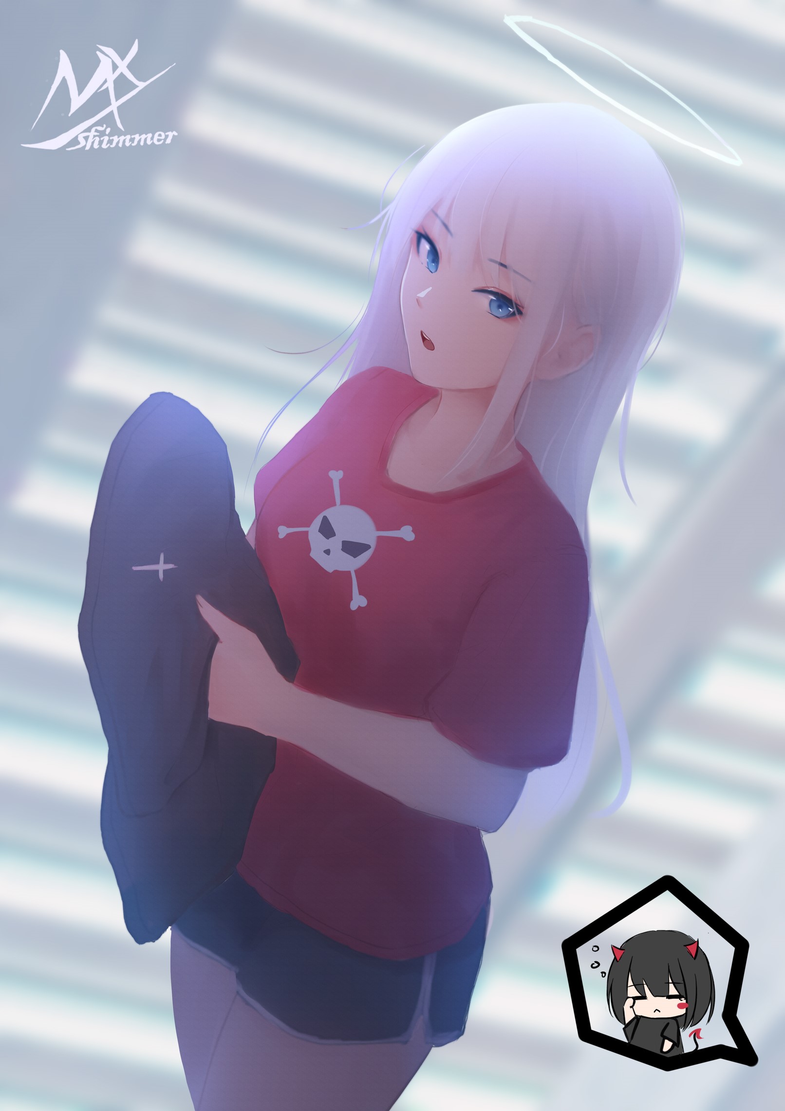Anime girl with halo and skull shirt HD Phone Wallpaper