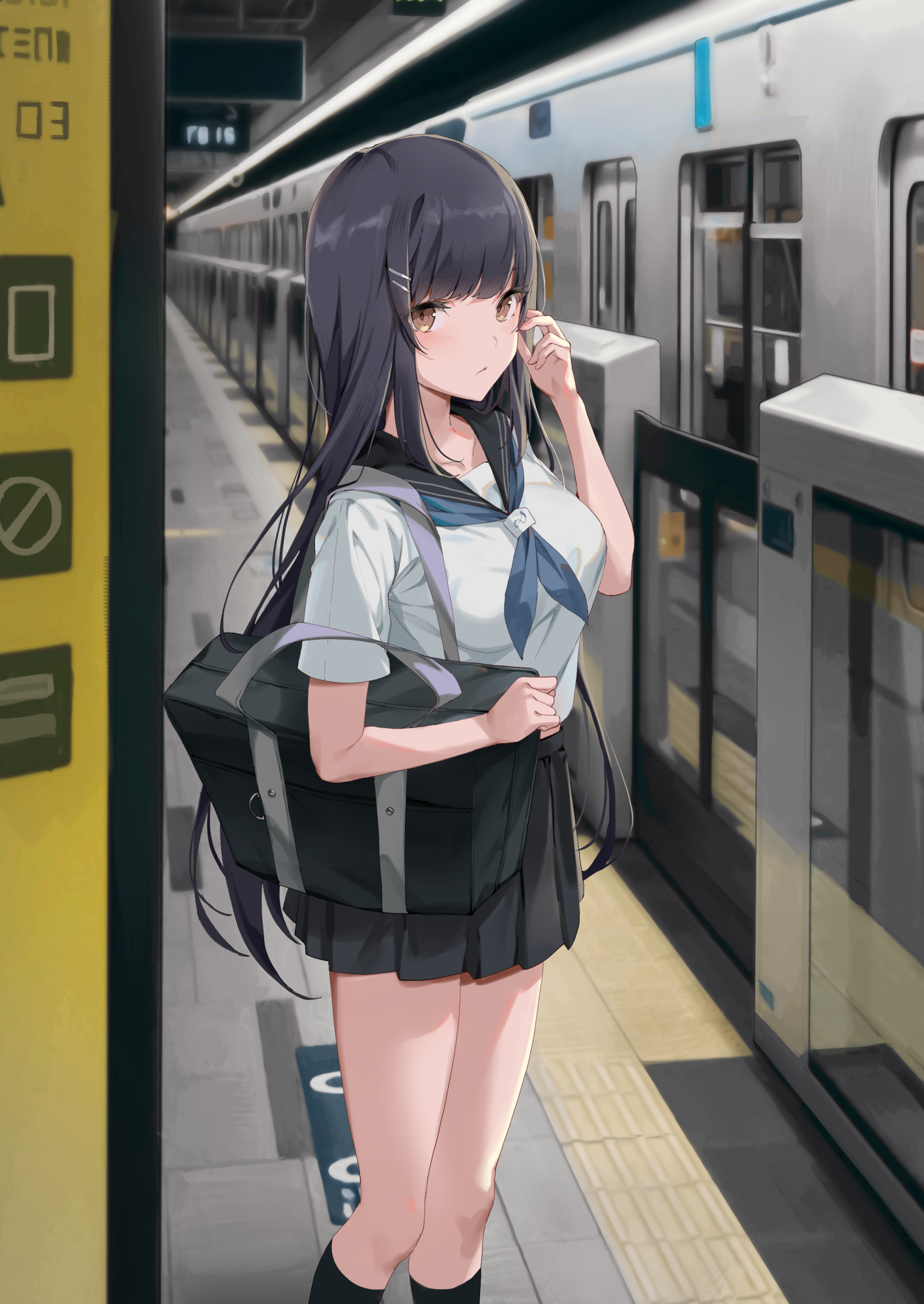 Anime girl in school uniform at train station HD Phone Wallpaper