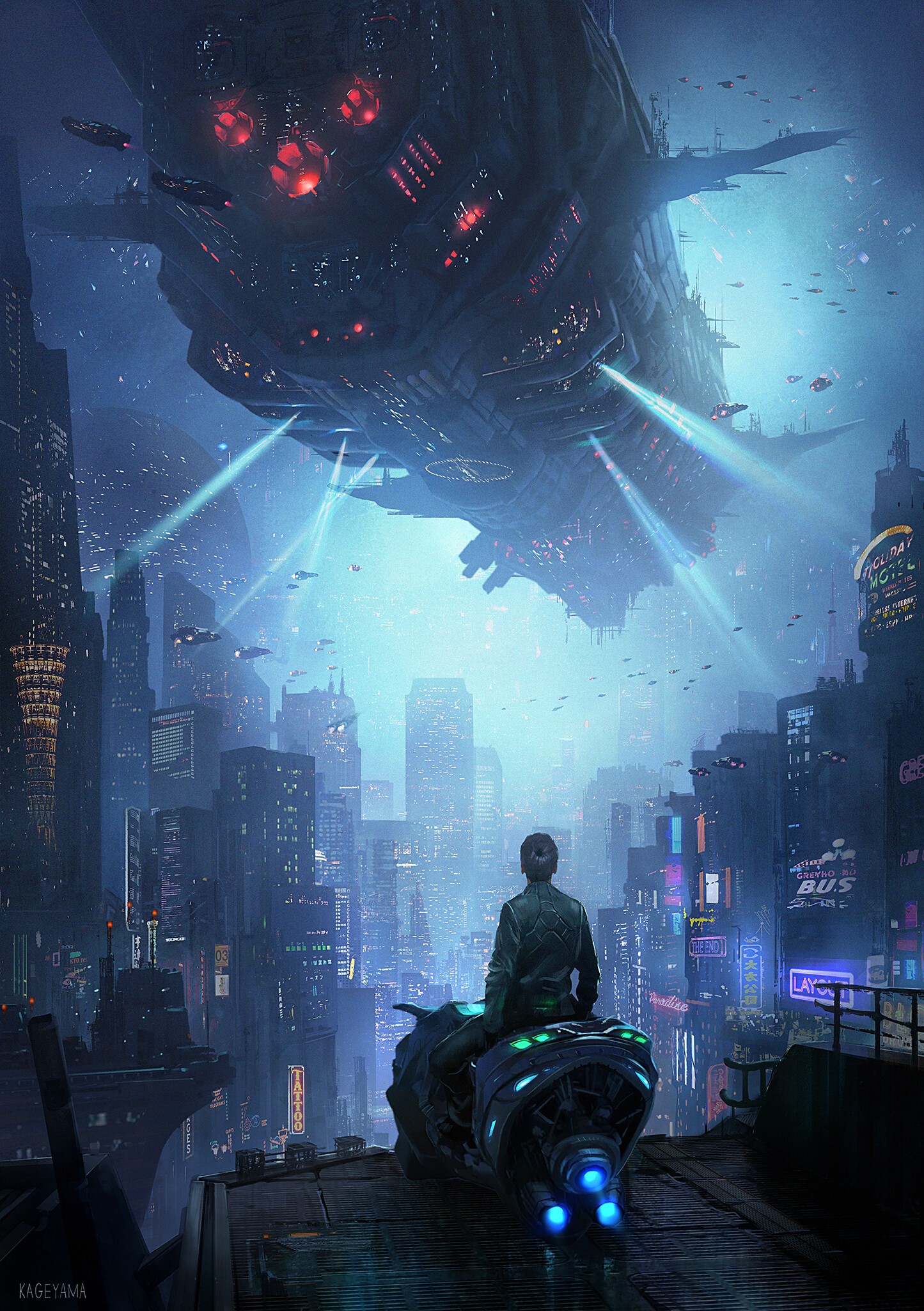 Futuristic Cityscape with Spaceship and Rider HD Phone Wallpaper