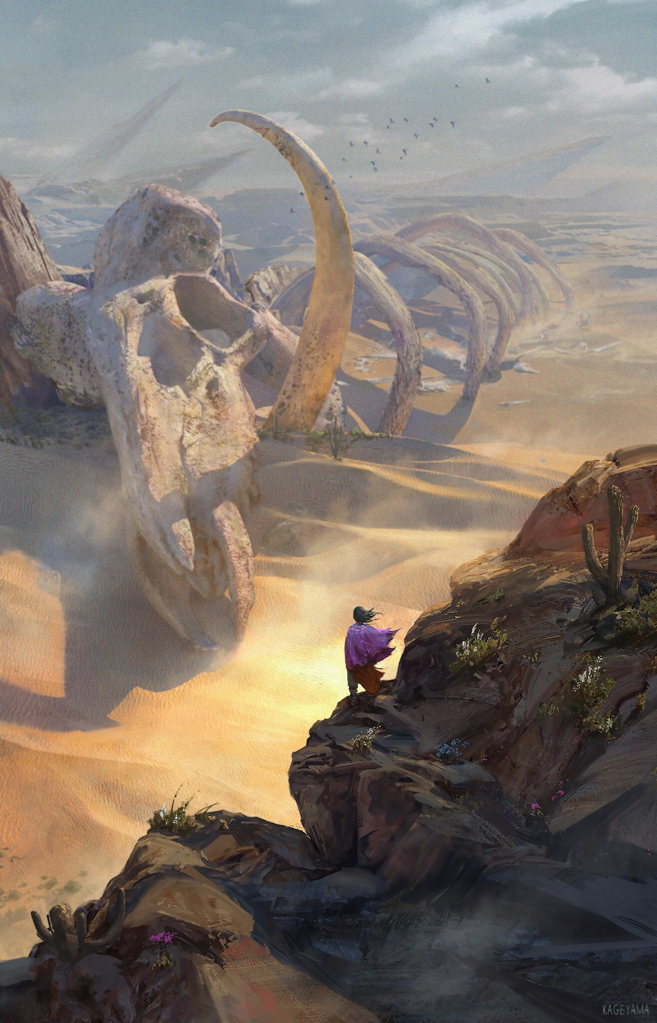 Giant skeleton in a desert with a person observing HD Phone Wallpaper