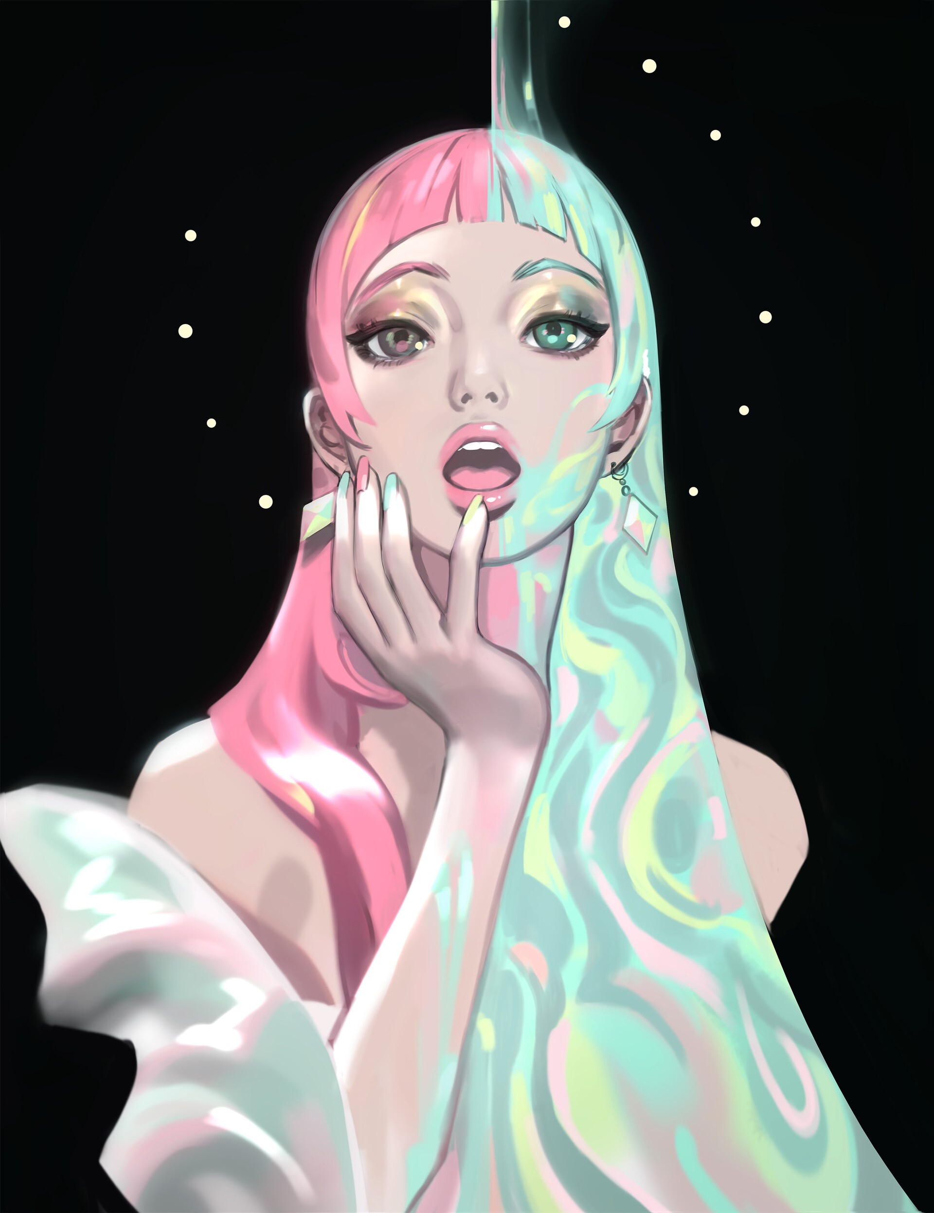 Fantasy girl with split pink and cyan hair HD Phone Wallpaper