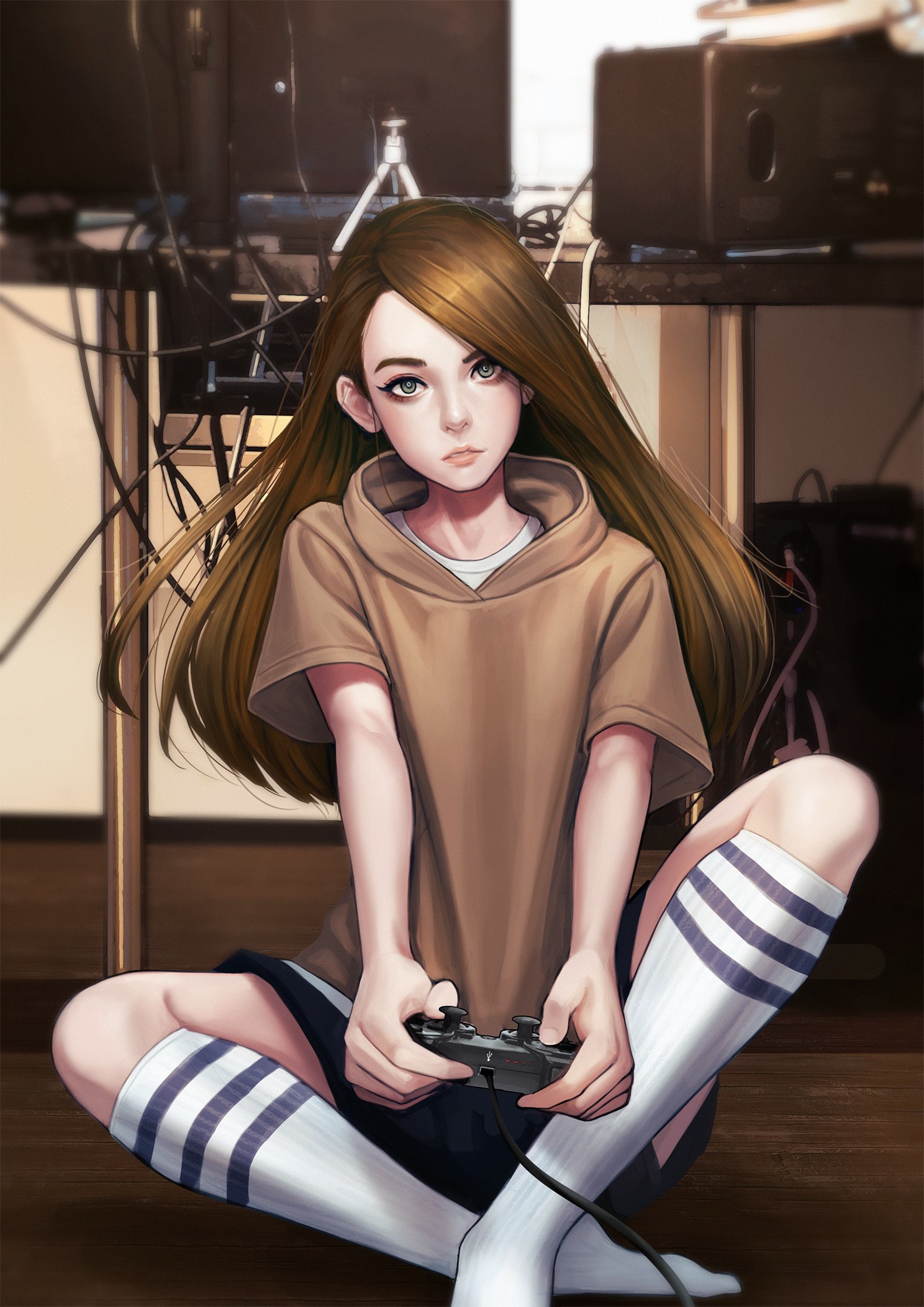Anime girl playing video games HD Phone Wallpaper