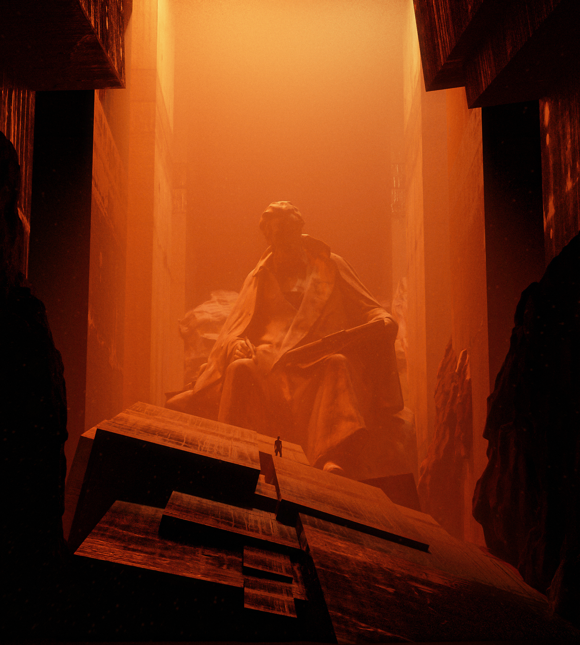 Giant statue in a dystopian orange environment HD Phone Wallpaper