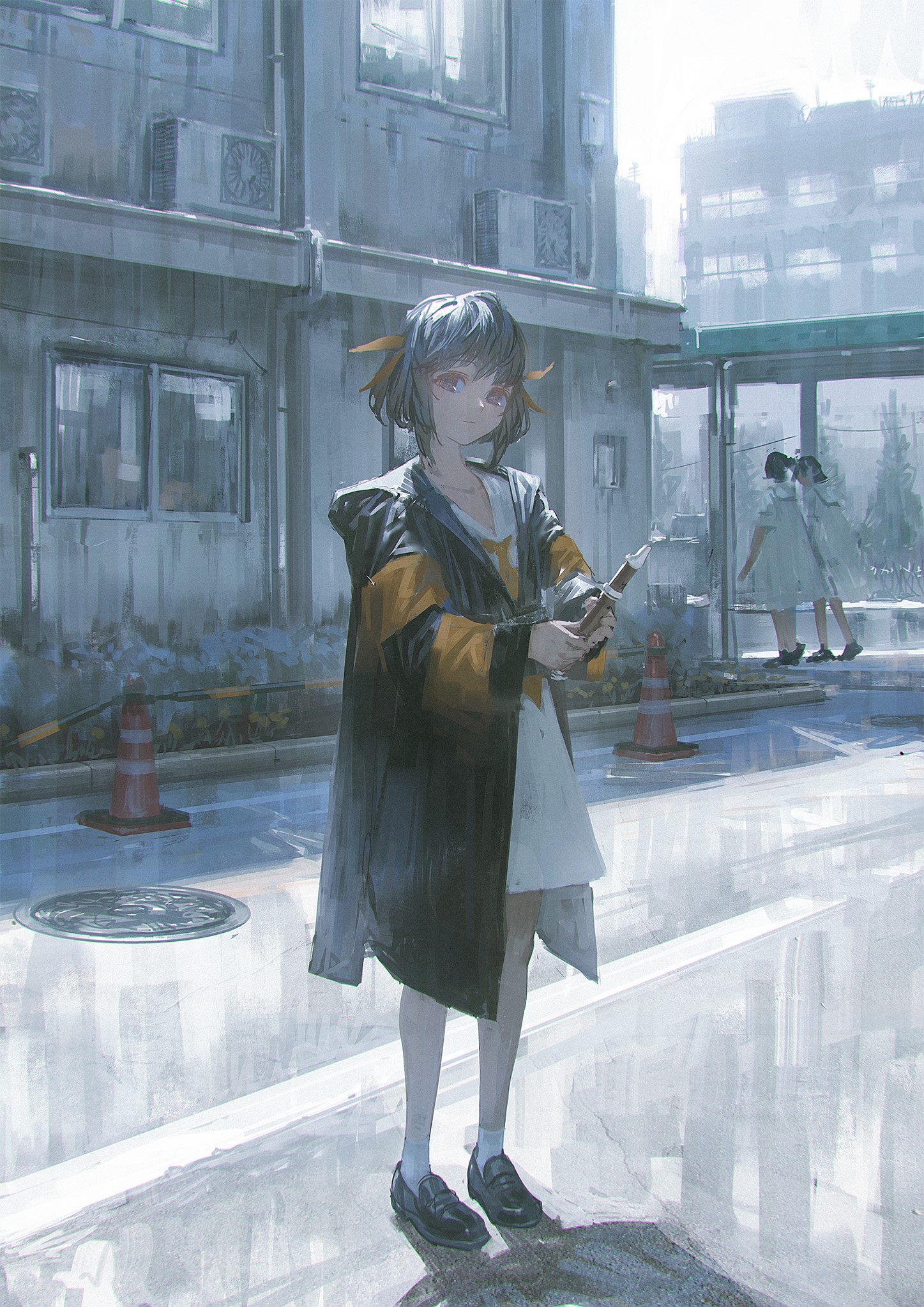 Anime girl with short hair holding a bottle HD Phone Wallpaper