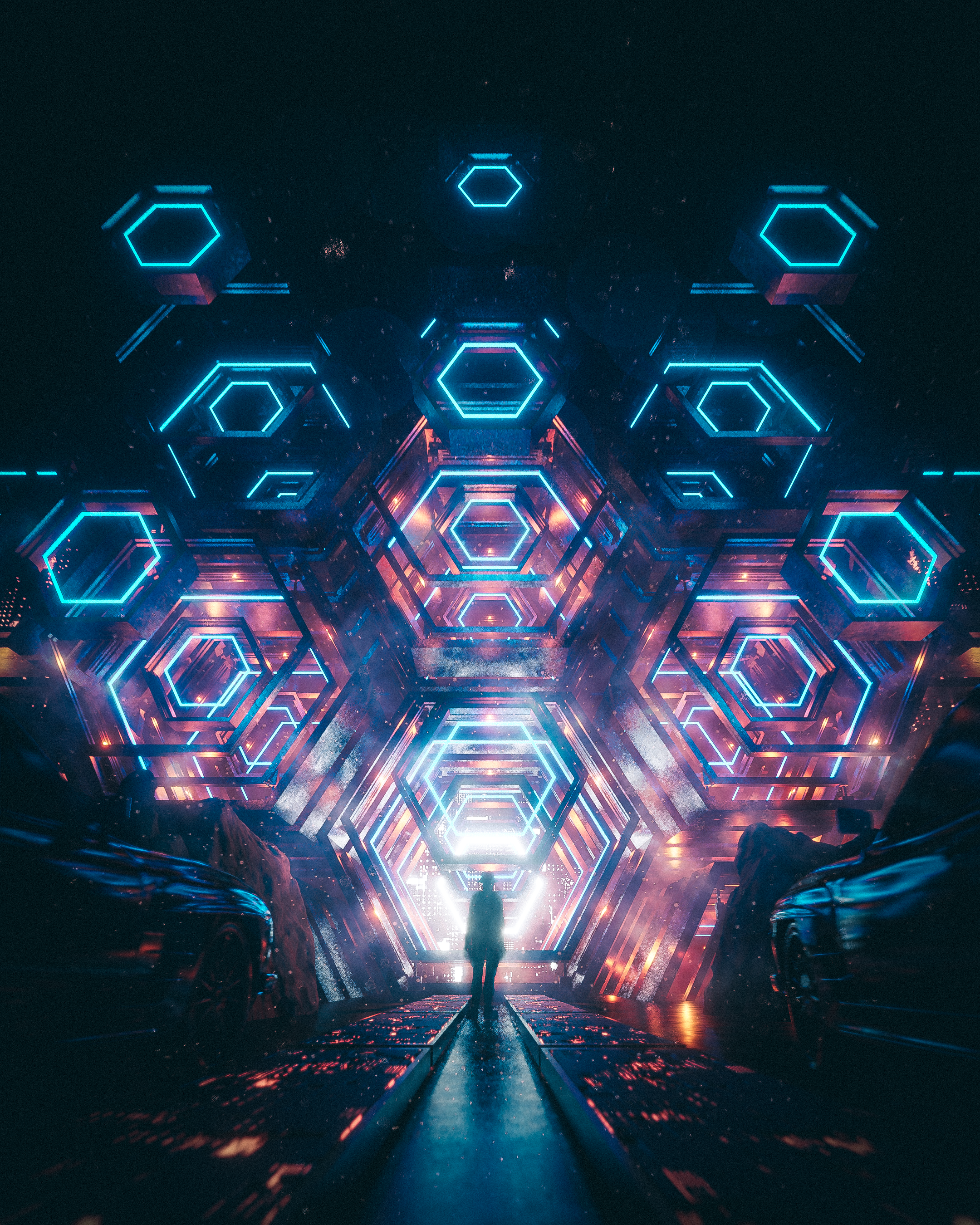 Futuristic Geometric Tunnel with a Lone Figure HD Phone Wallpaper