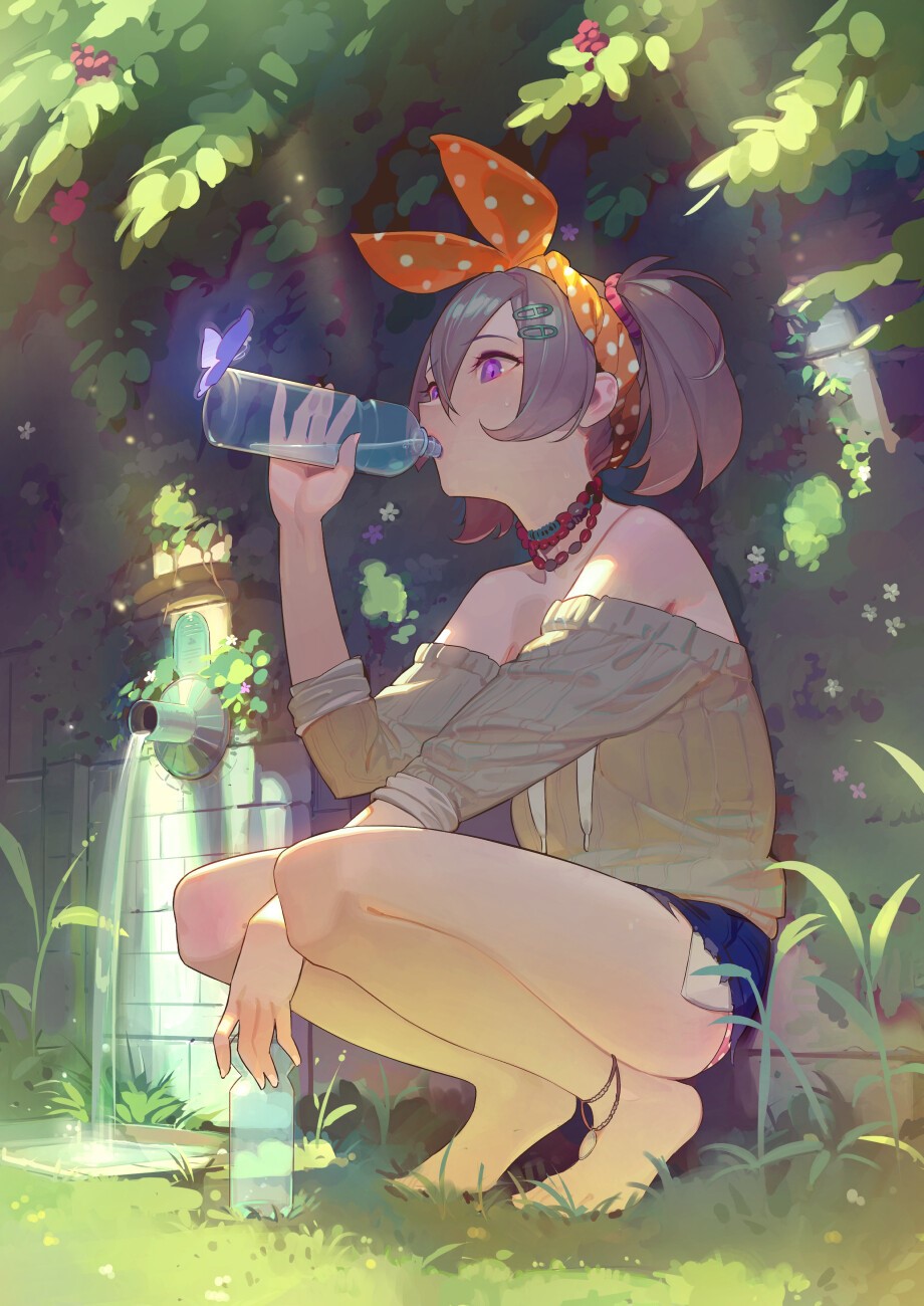Anime girl with grey hair drinking water HD Phone Wallpaper