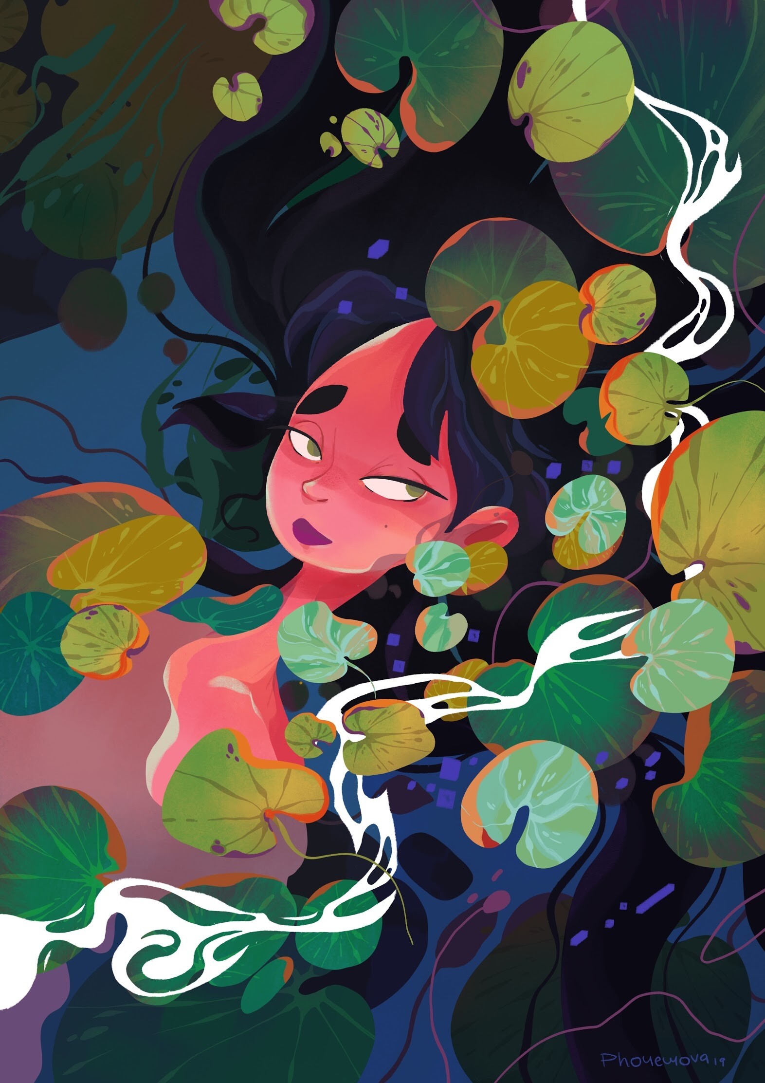 Illustration of a woman with long hair among lily pads HD Phone Wallpaper
