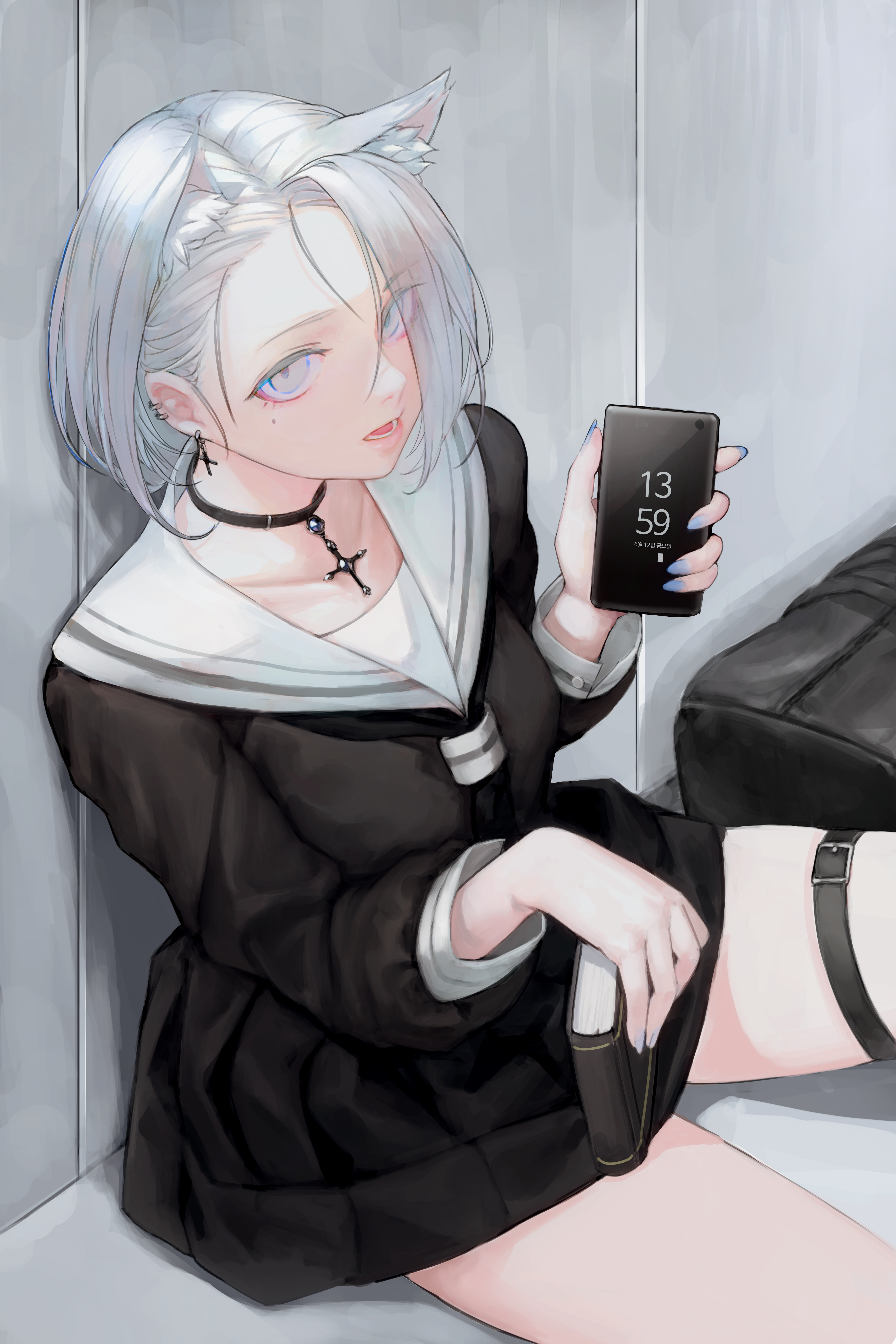Anime girl with silver hair and cat ears holding a smartphone HD Phone Wallpaper