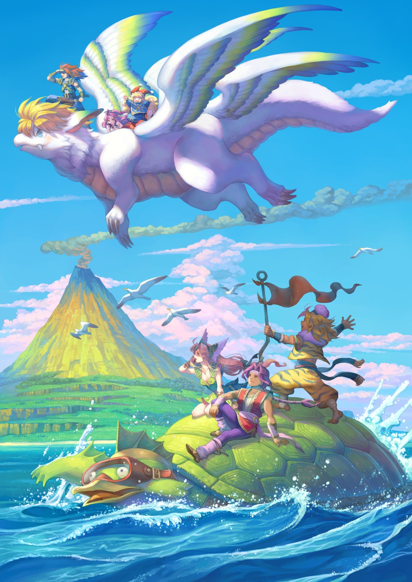 Trials of Mana artwork with characters on dragon and turtle HD Phone Wallpaper