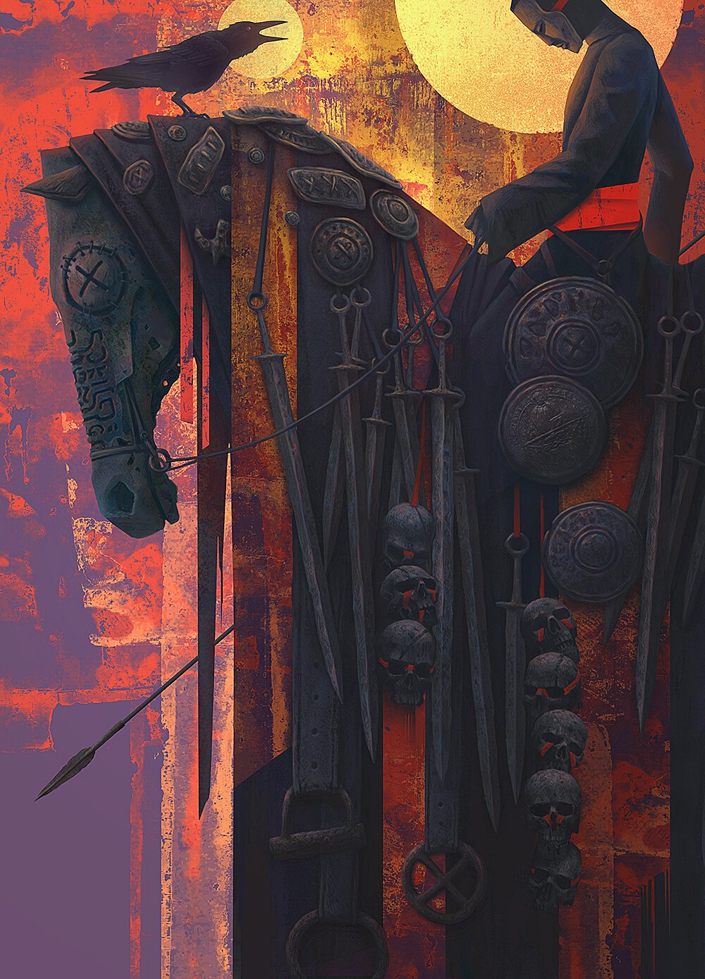 Fantasy art of a warrior on a horse with swords and skulls HD Phone Wallpaper