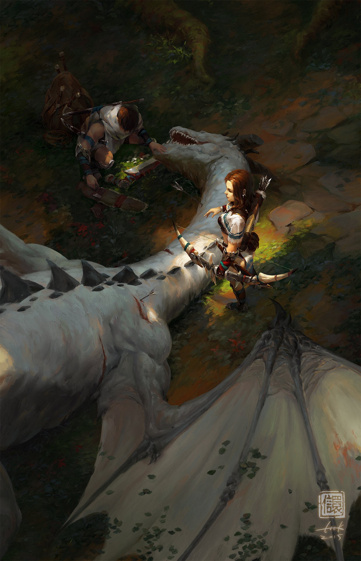 Hunter and dragon in a dark forest HD Phone Wallpaper