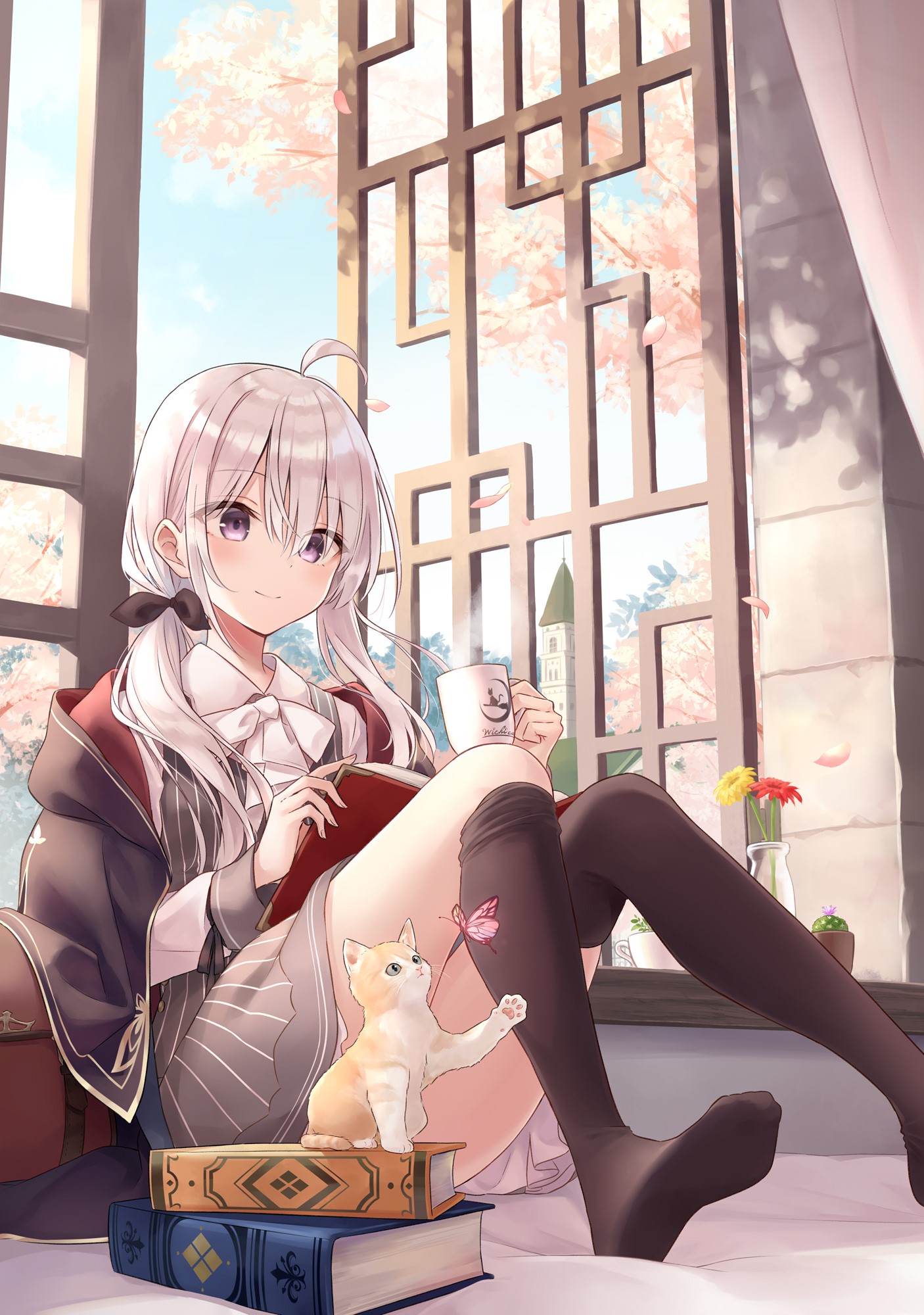 Elaina from Majo no Tabitabi reading a book with a cat HD Phone Wallpaper
