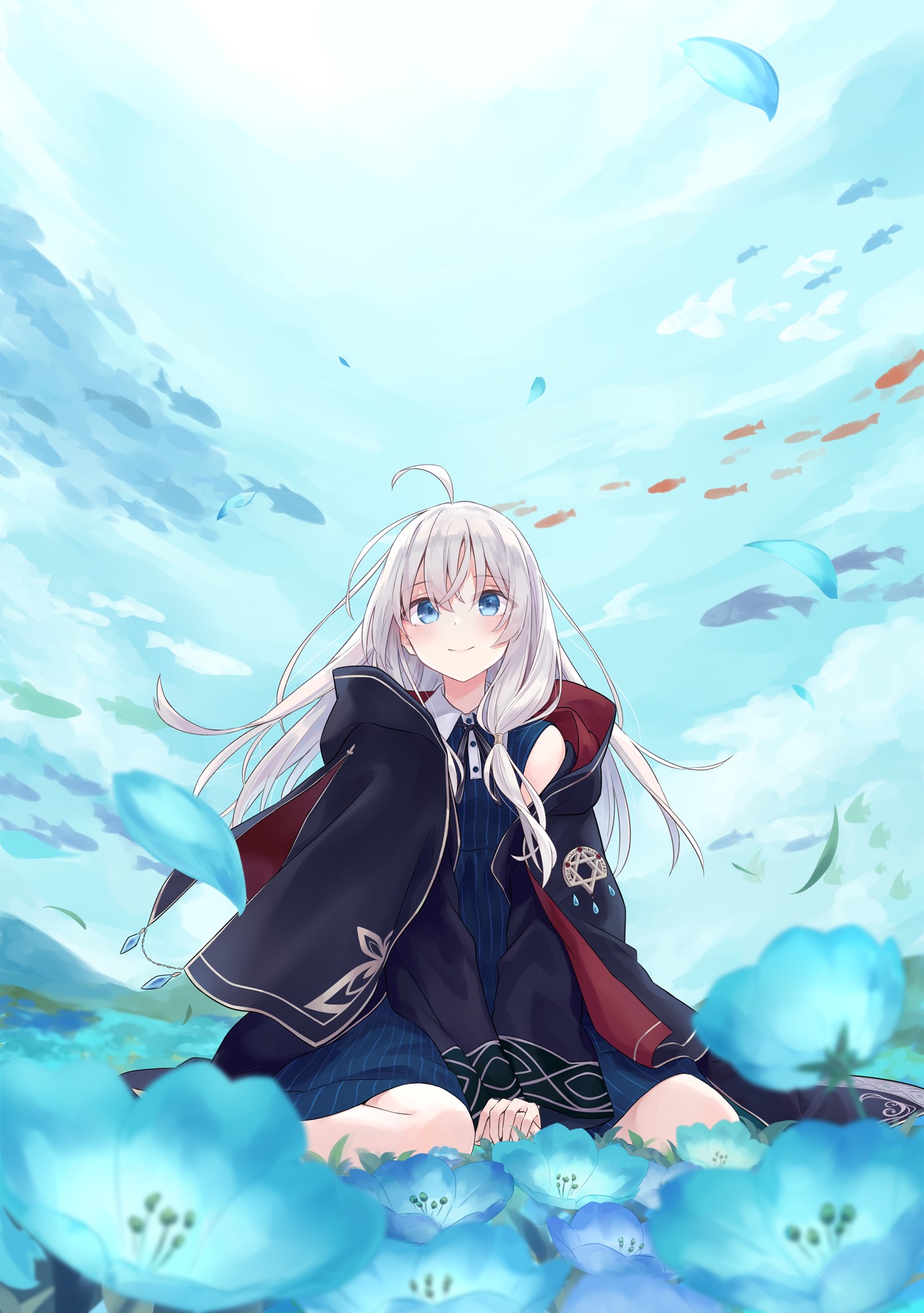 Elaina from Majo no Tabitabi kneeling in blue flowers HD Phone Wallpaper