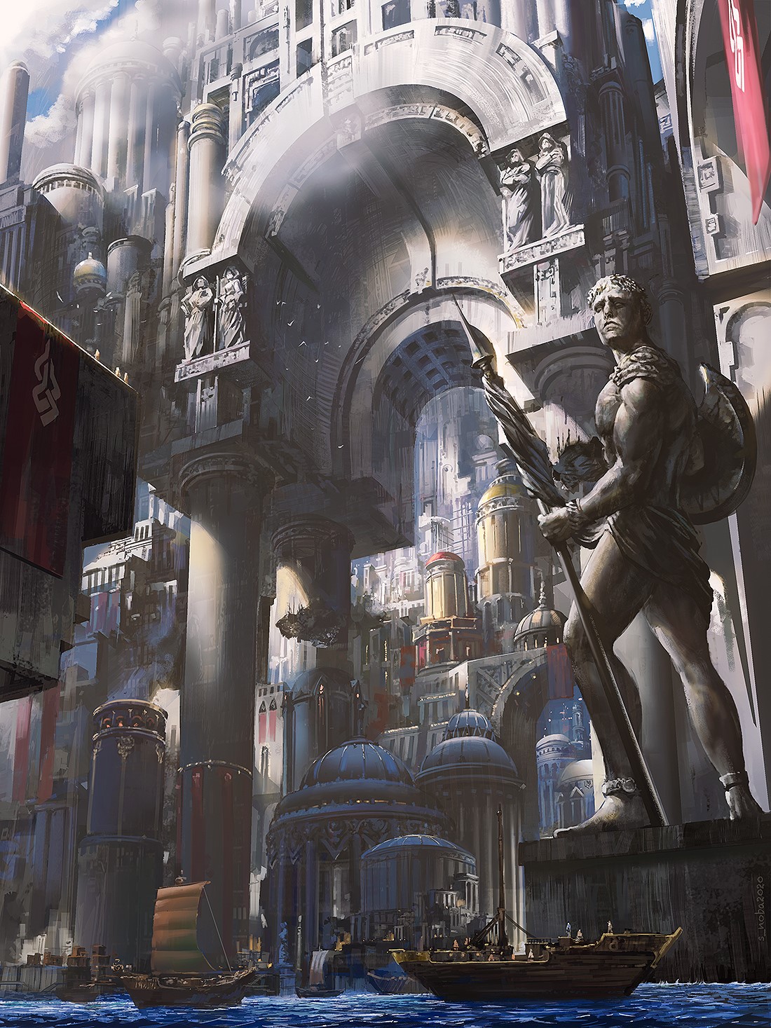 Fantasy city with statues and boats HD Phone Wallpaper
