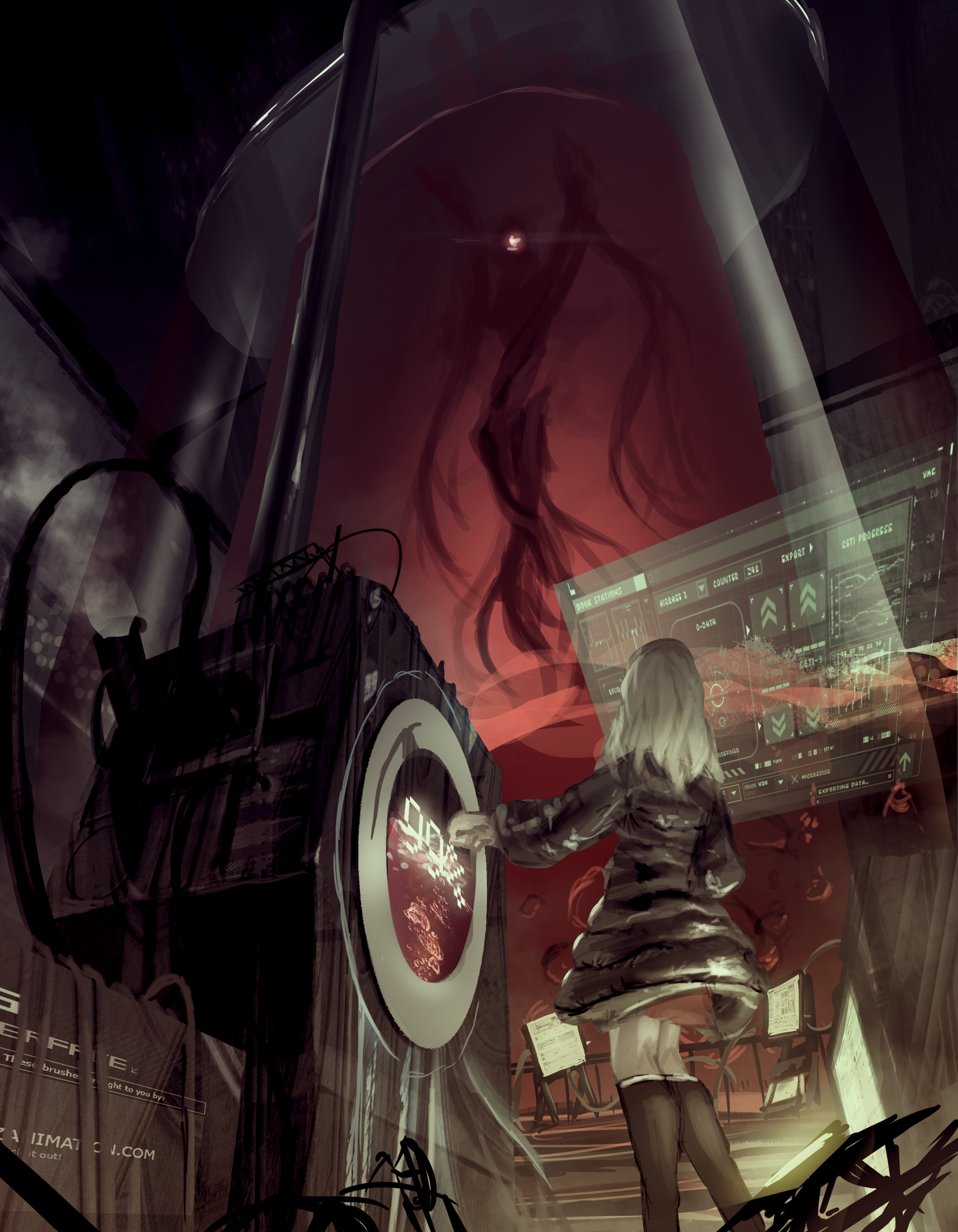 Girl interacting with futuristic interface and containment unit HD Phone Wallpaper