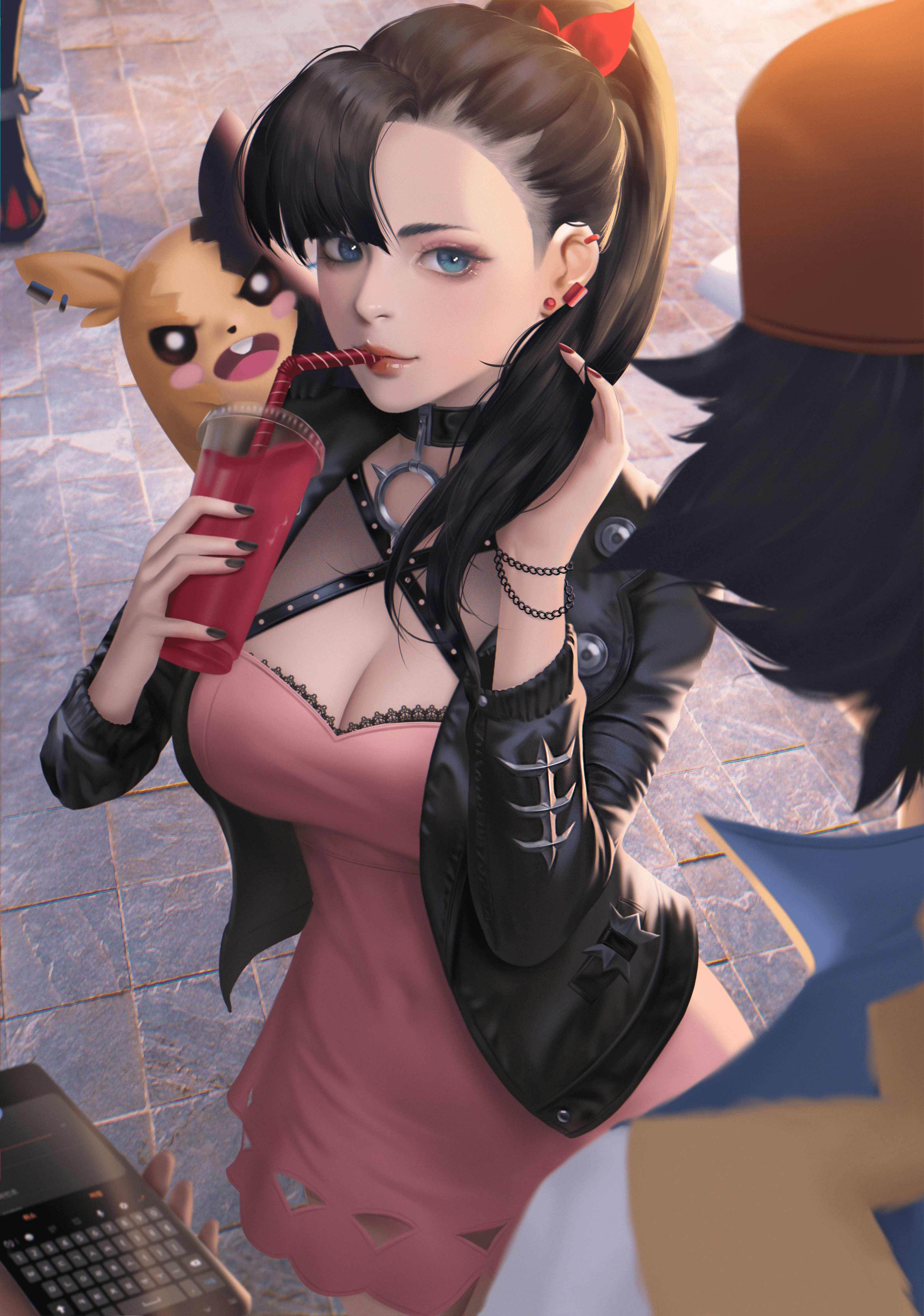 Marnie from Pokemon drinking a beverage with a Morpeko HD Phone Wallpaper