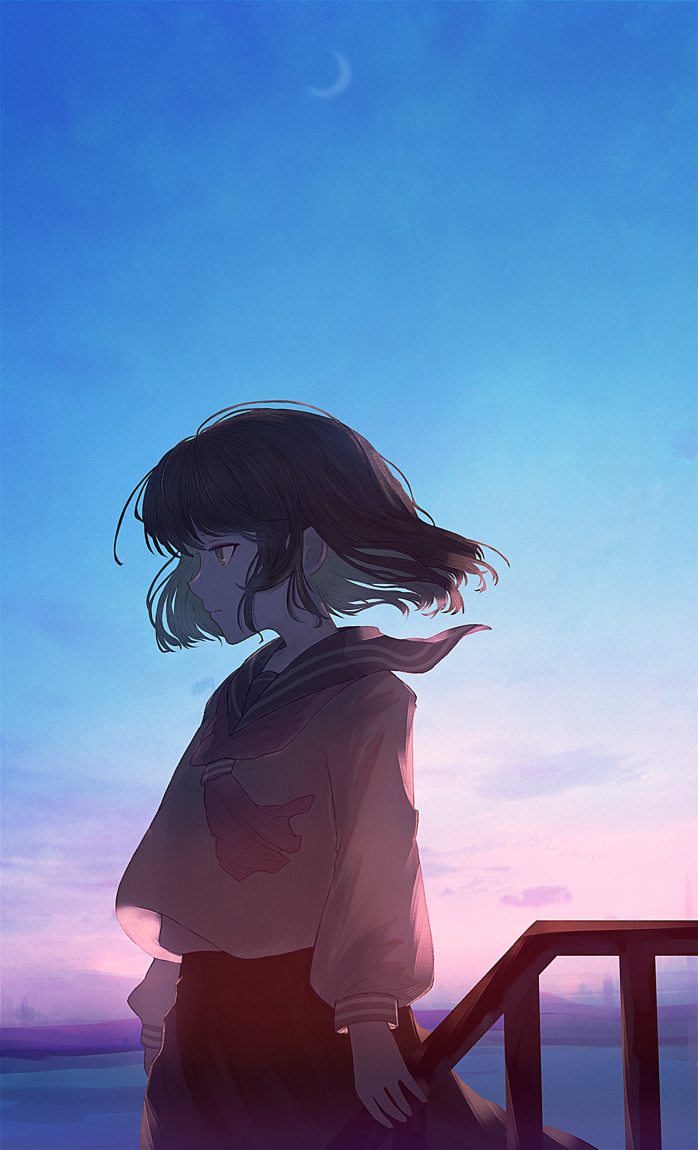 Anime girl in school uniform at sunrise HD Phone Wallpaper