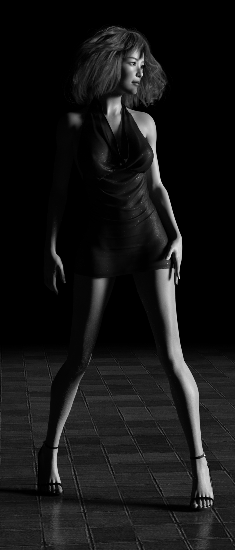 Asian woman in a short dress standing on a wooden floor HD Phone Wallpaper