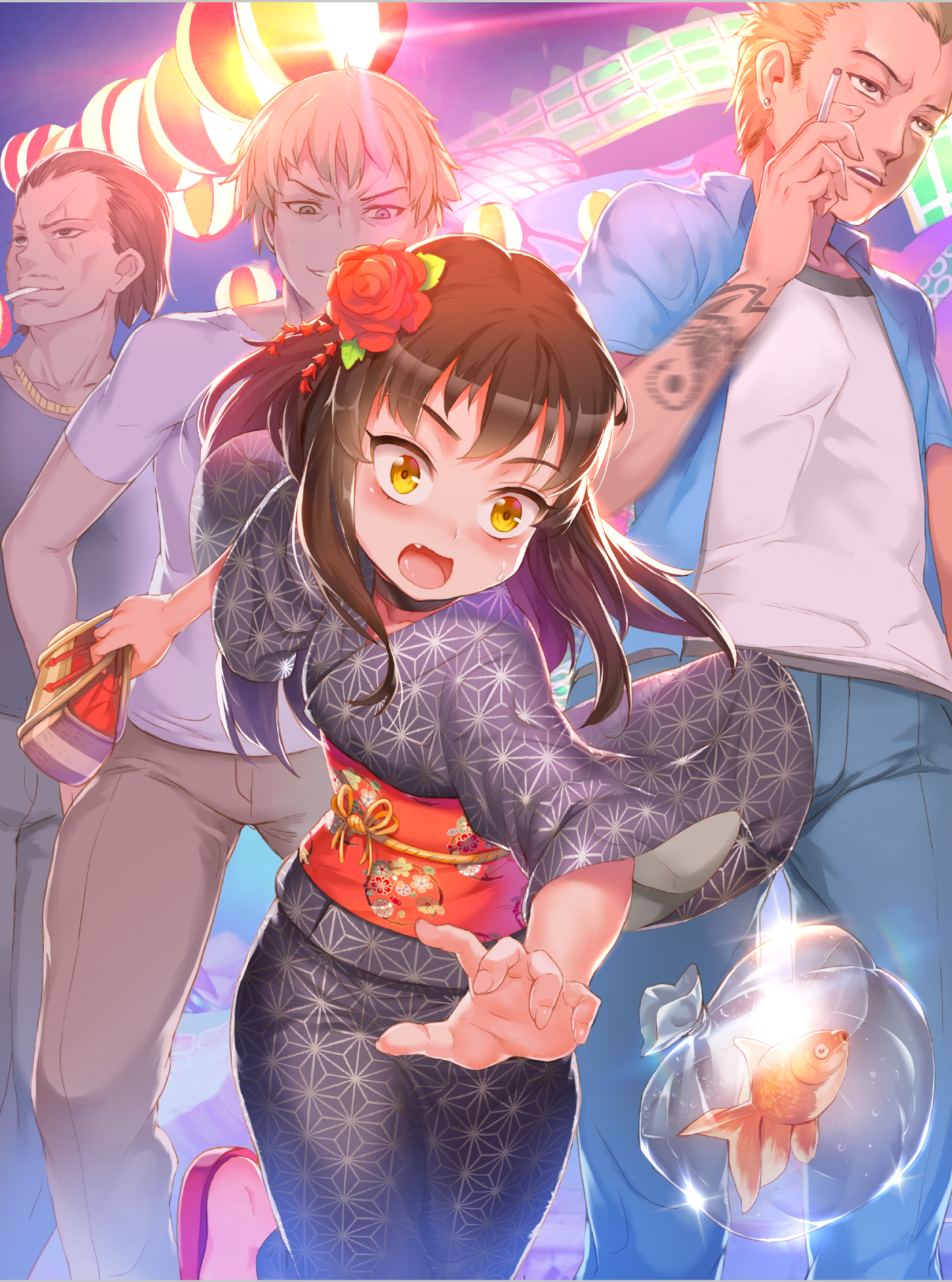 Girl in Kimono with Men and Goldfish HD Phone Wallpaper