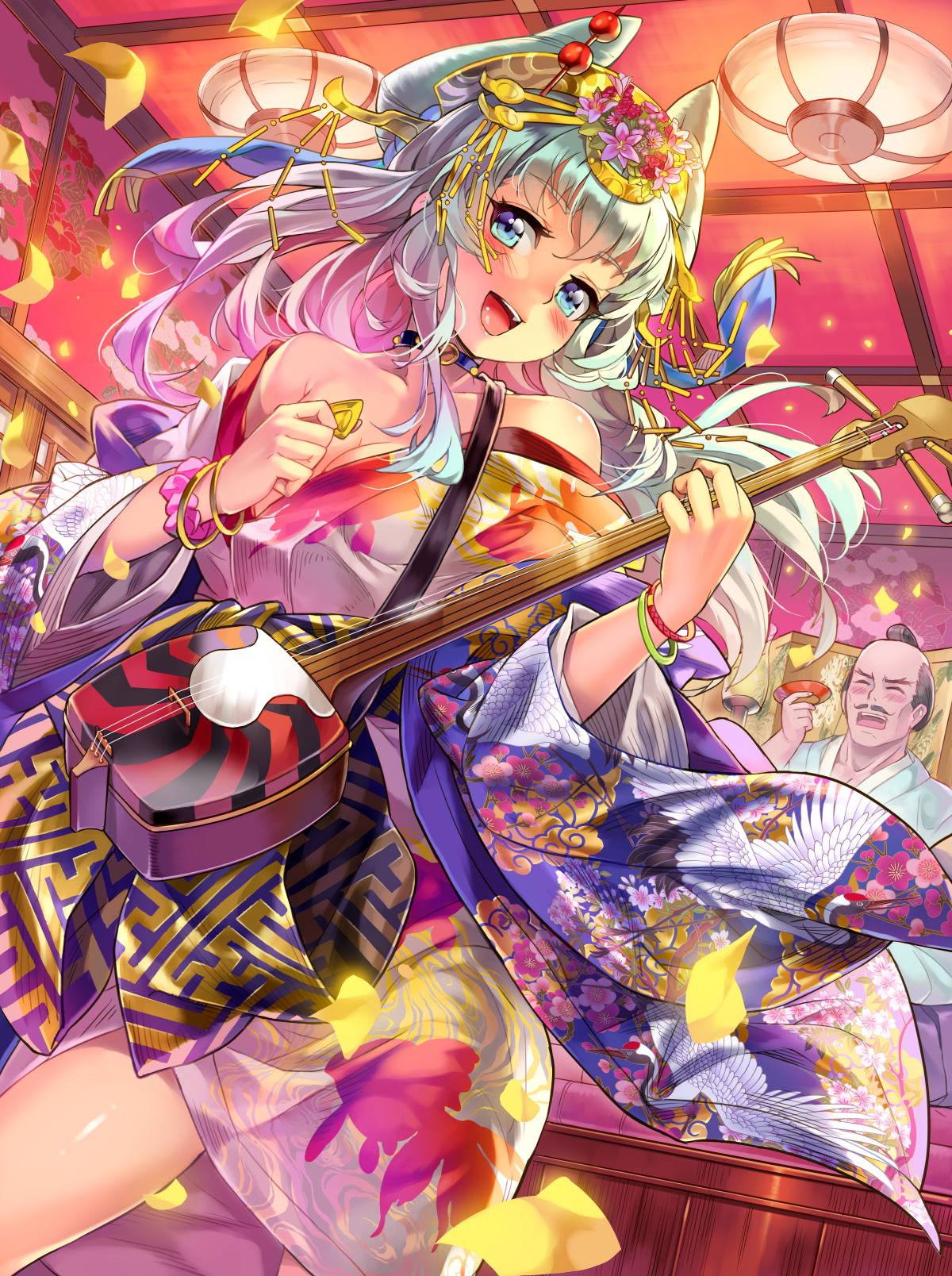 Kitsune girl playing shamisen in a Japanese tavern HD Phone Wallpaper