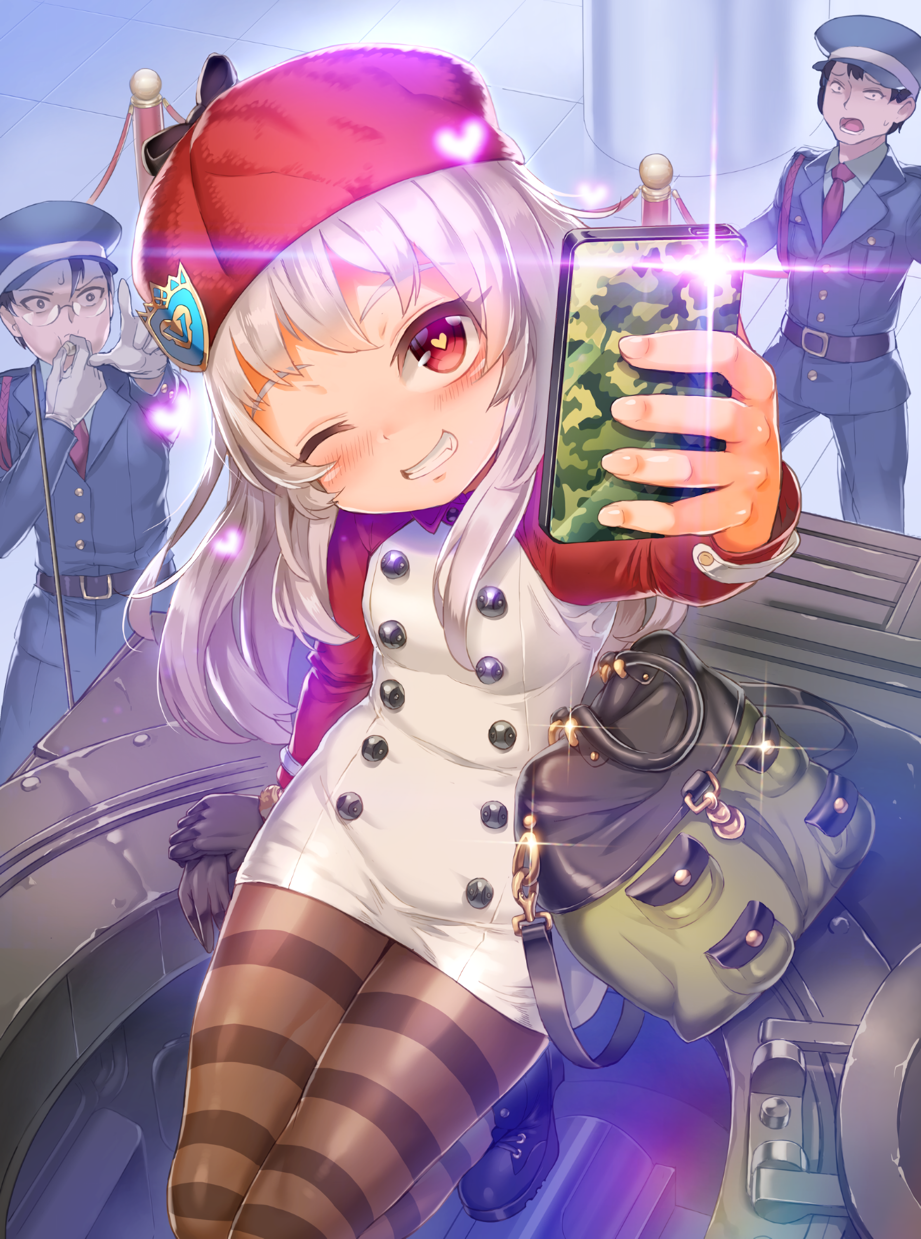 Anime girl in red beret taking a selfie with a tank HD Phone Wallpaper