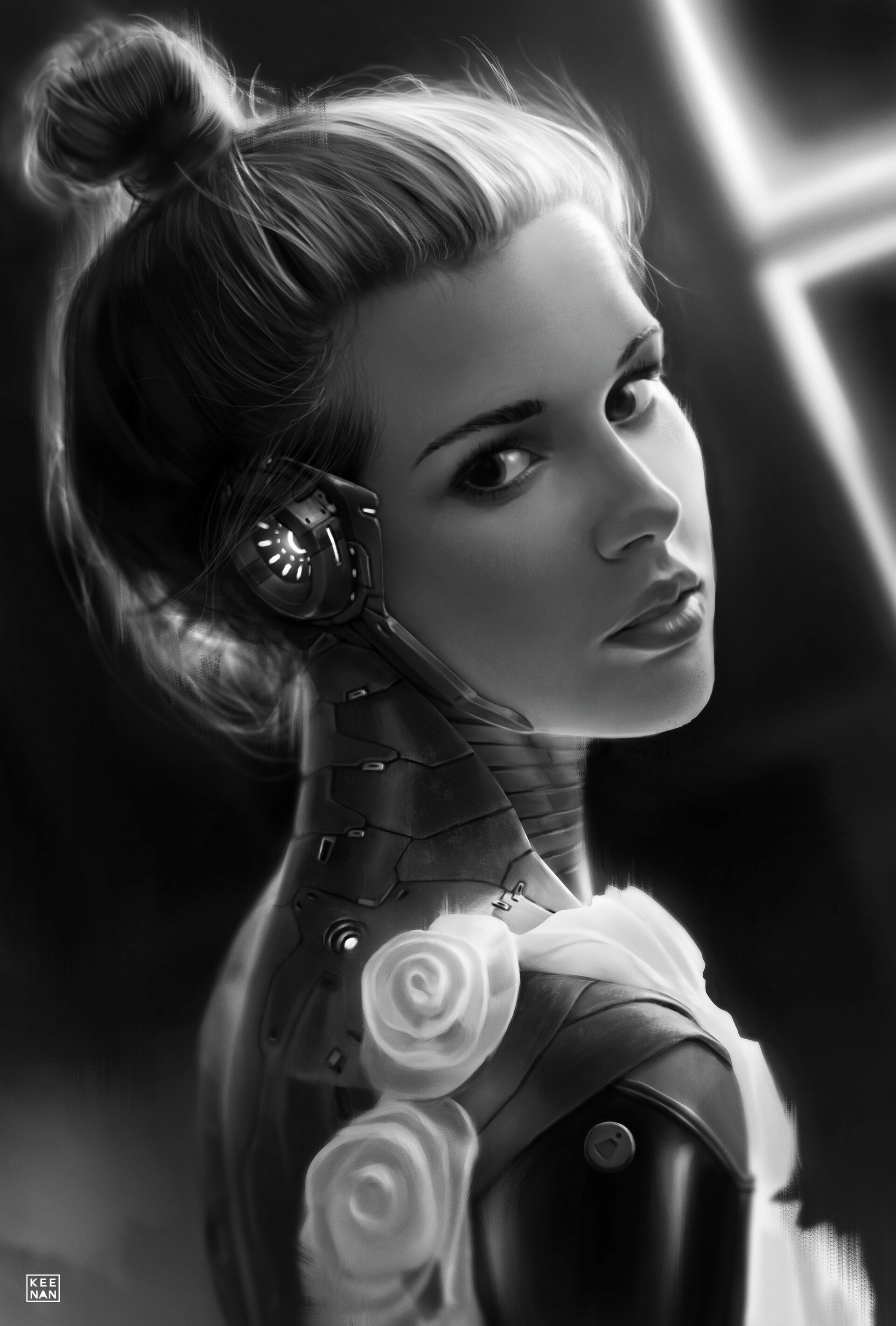 Monochrome artwork of a robot woman by Dave Keenan HD Phone Wallpaper