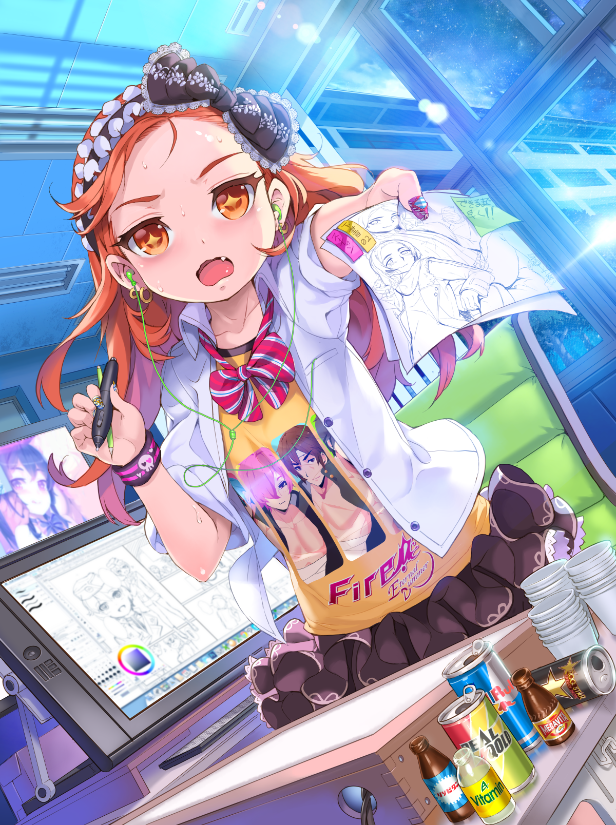 Girl drawing on a tablet with energy drinks HD Phone Wallpaper