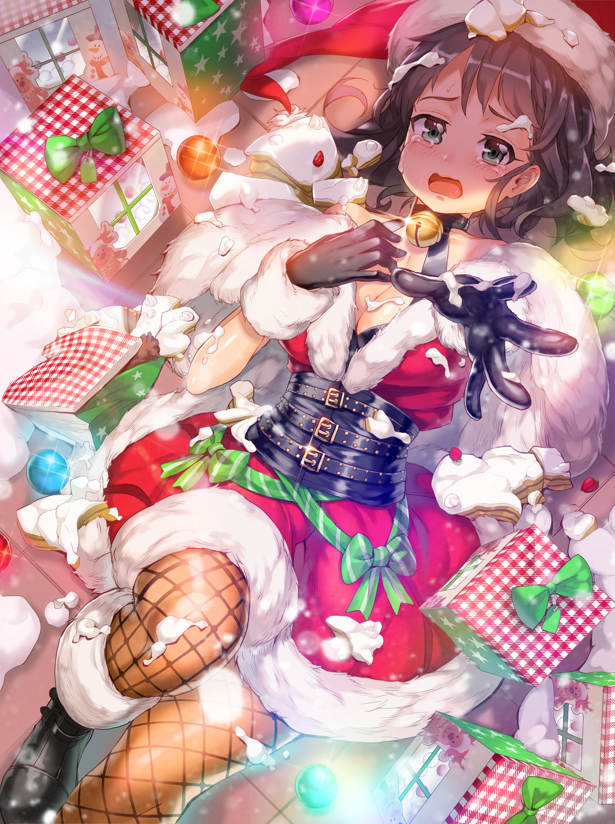 Girl in Santa Outfit with Christmas Presents HD Phone Wallpaper