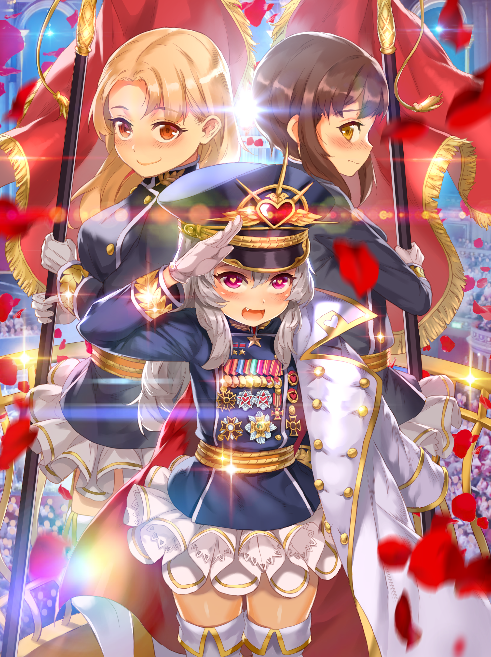 Three girls in military uniforms with flags HD Phone Wallpaper
