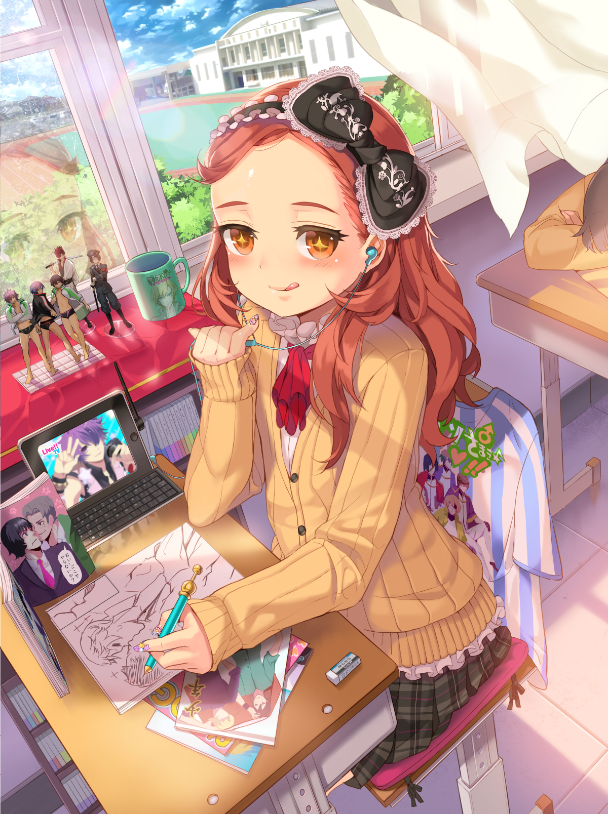 Girl drawing at a desk with anime figures HD Phone Wallpaper