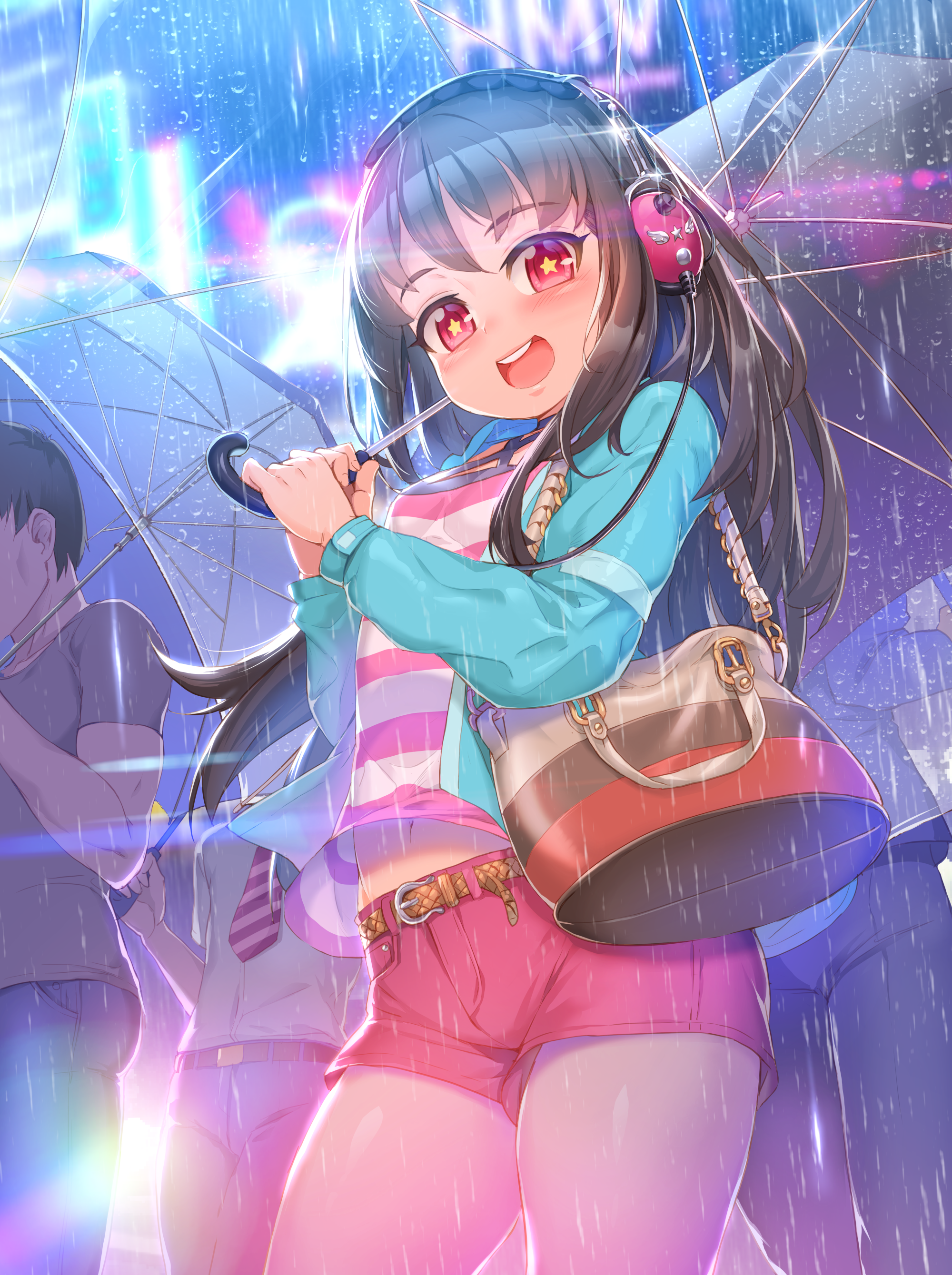 Girl with headphones holding an umbrella in the rain HD Phone Wallpaper
