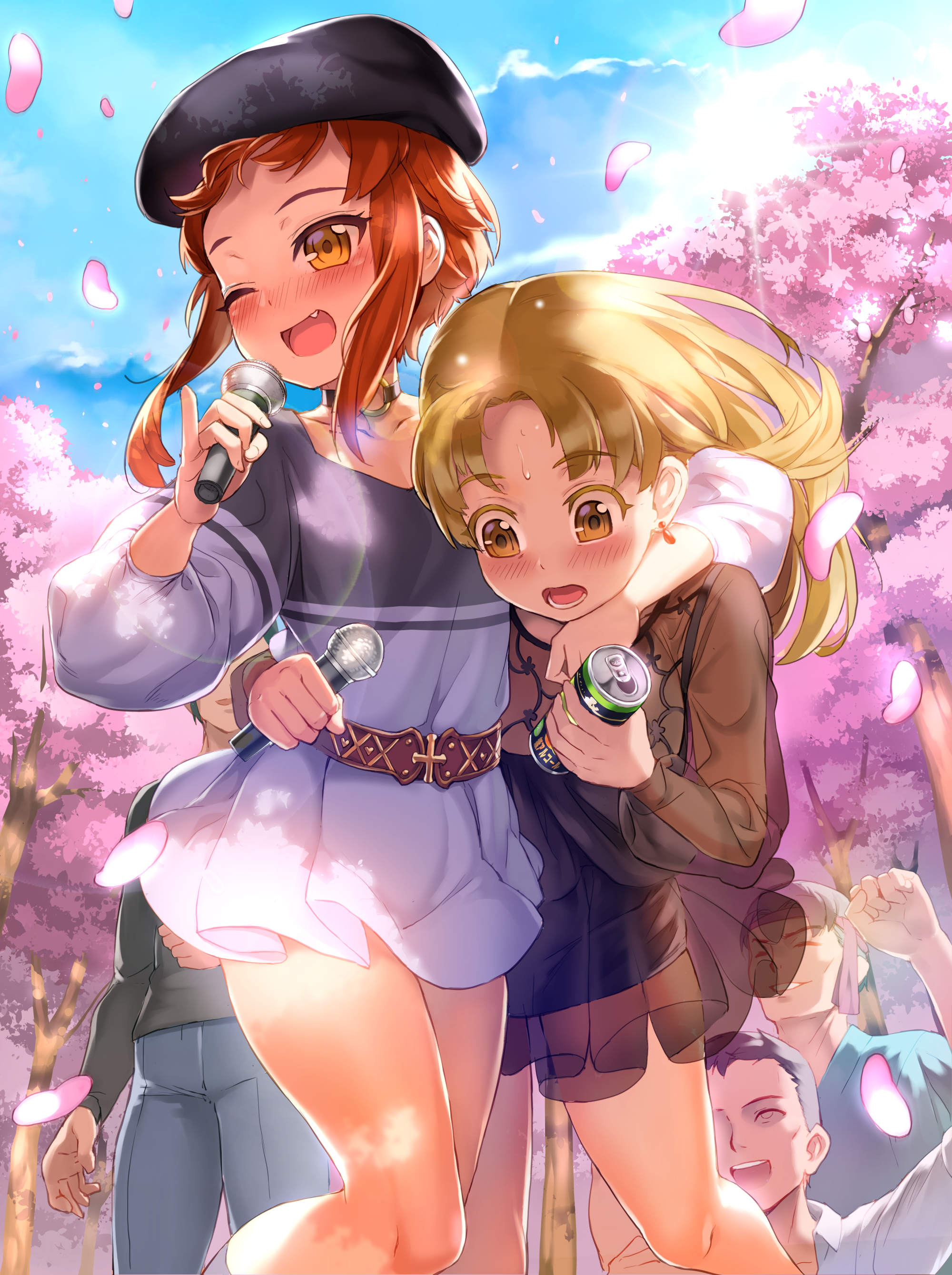 Two girls singing with microphones under cherry blossoms HD Phone Wallpaper