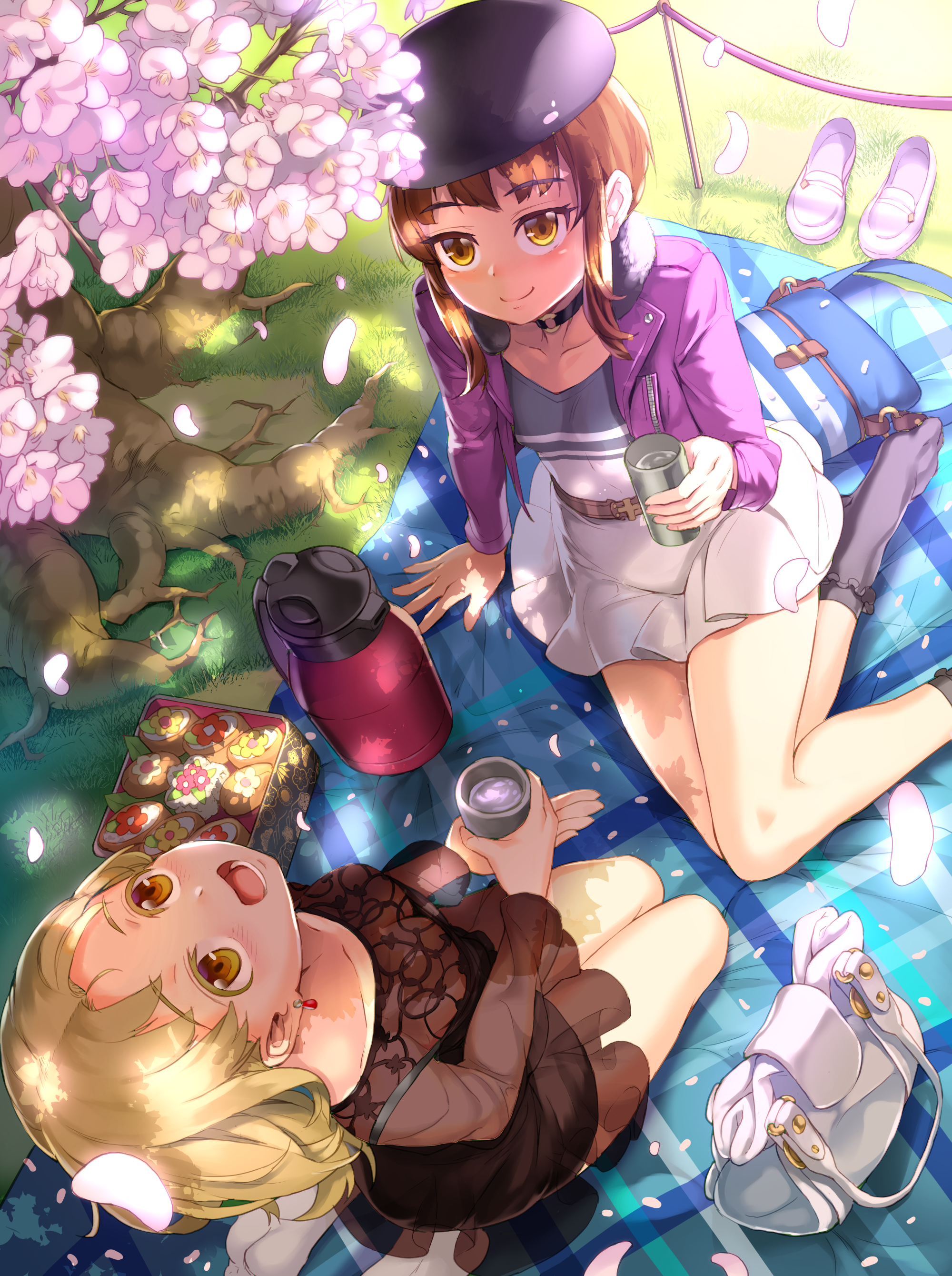 Two girls having a picnic under cherry blossoms HD Phone Wallpaper