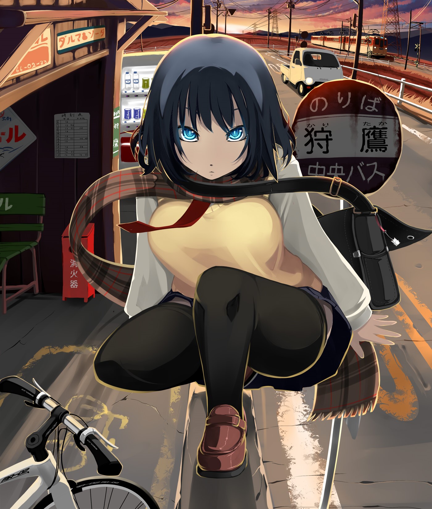 Anime girl with blue eyes at a bus stop HD Phone Wallpaper