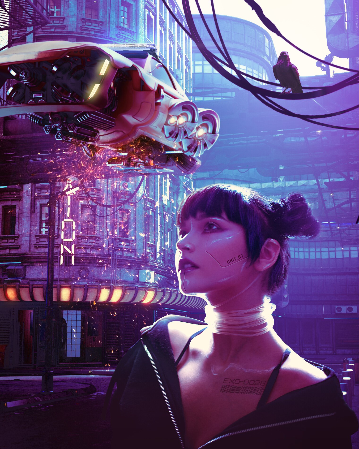 Woman in futuristic city with flying vehicle HD Phone Wallpaper