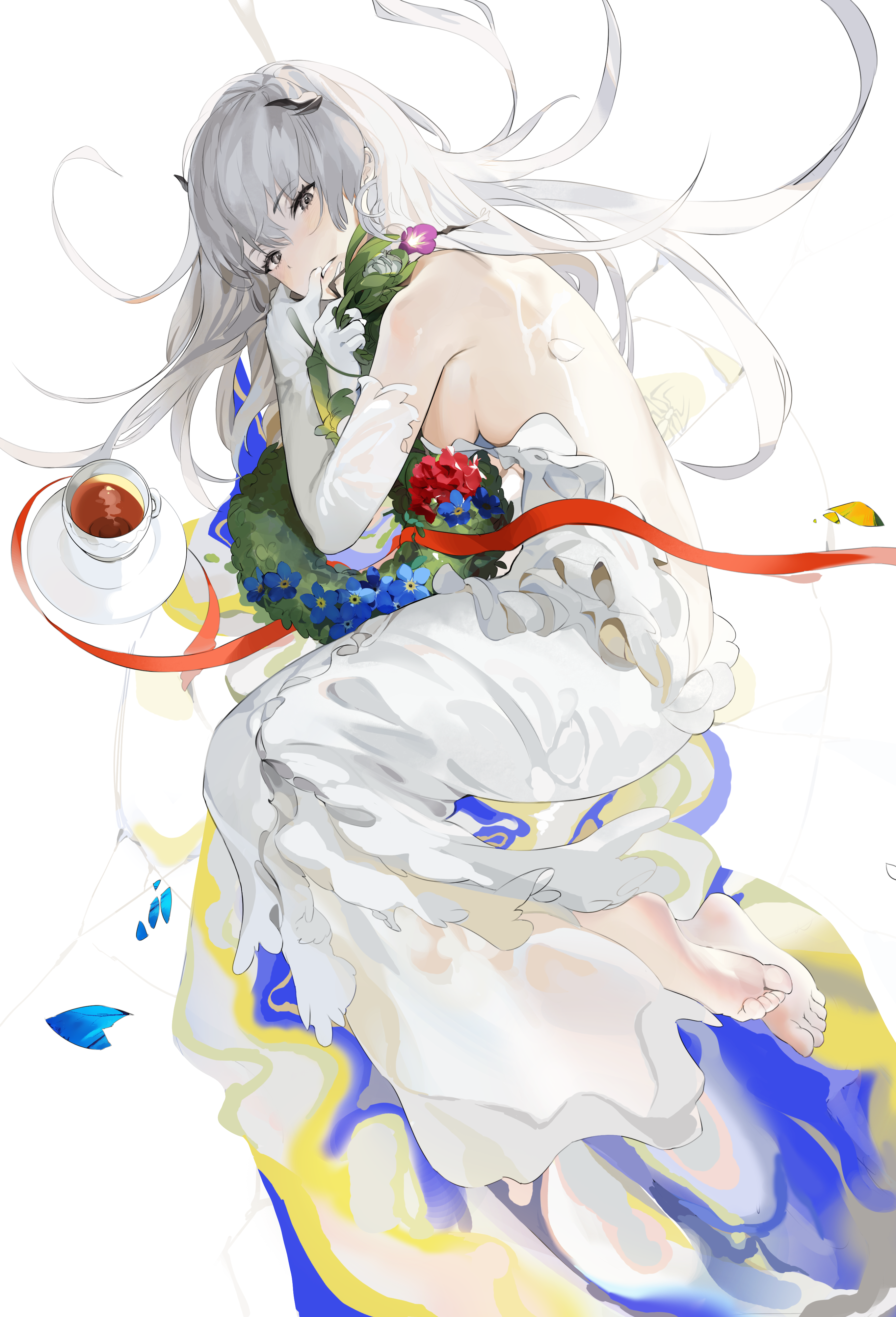 Anime girl in white dress with flowers and tea HD Phone Wallpaper