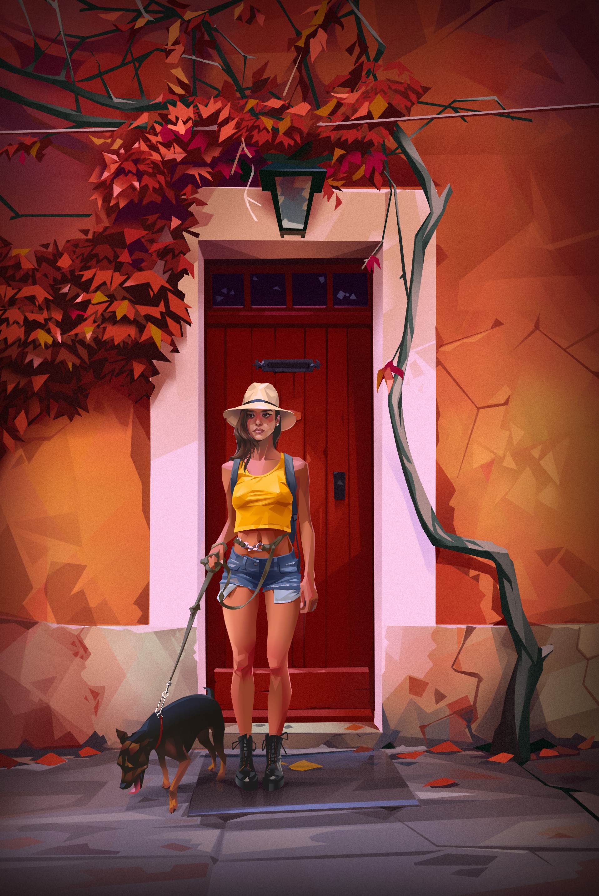 Woman with dog in front of red door HD Phone Wallpaper